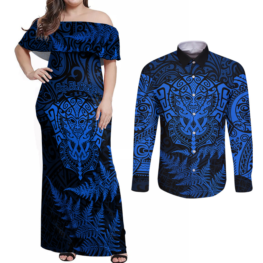 new-zealand-rugby-couples-matching-off-shoulder-maxi-dress-and-long-sleeve-button-shirts-silver-fern-all-black-mix-ta-moko-blue-style