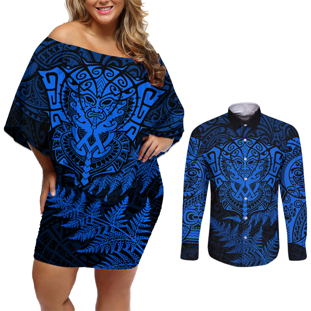 new-zealand-rugby-couples-matching-off-shoulder-short-dress-and-long-sleeve-button-shirts-silver-fern-all-black-mix-ta-moko-blue-style