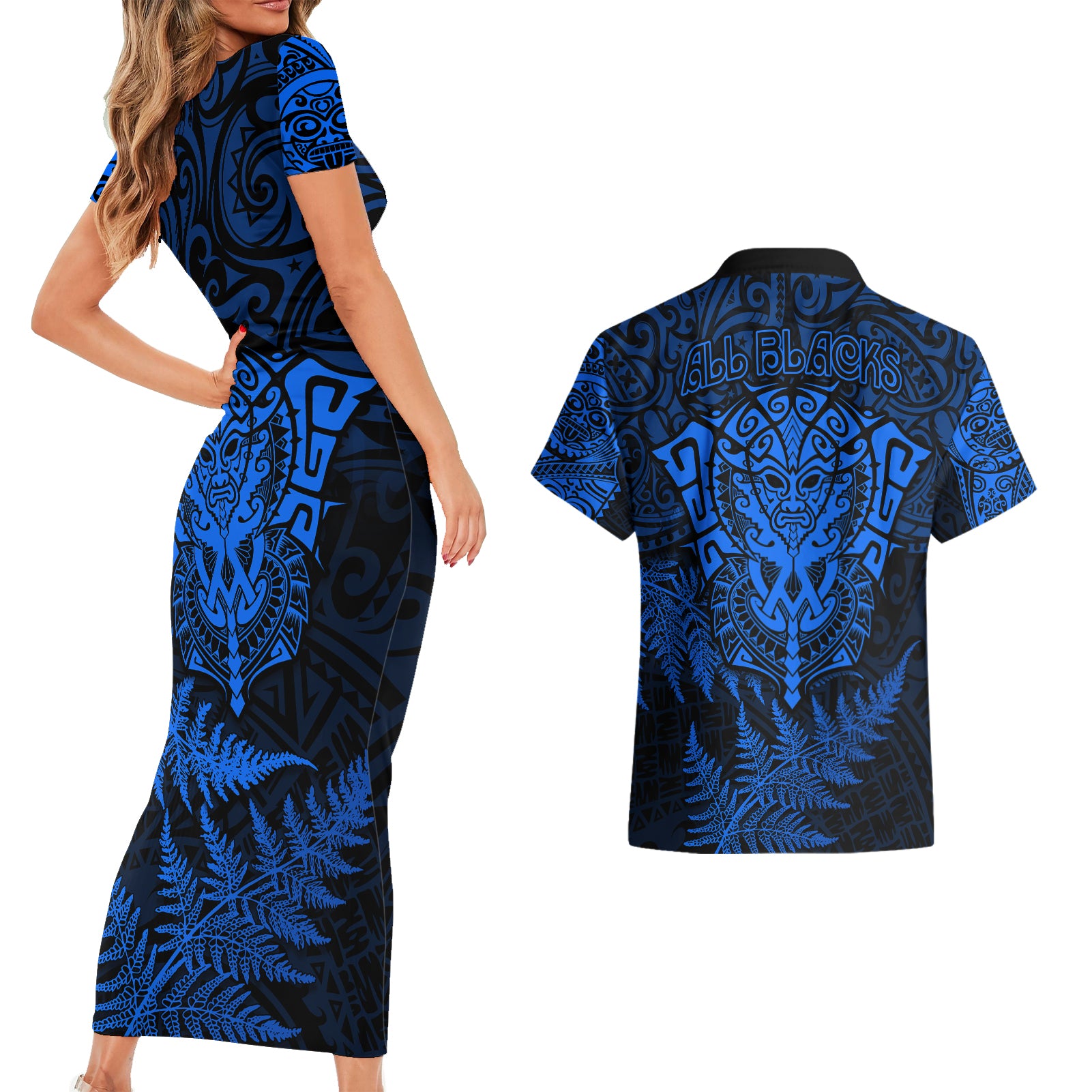 new-zealand-rugby-couples-matching-short-sleeve-bodycon-dress-and-hawaiian-shirt-silver-fern-all-black-mix-ta-moko-blue-style