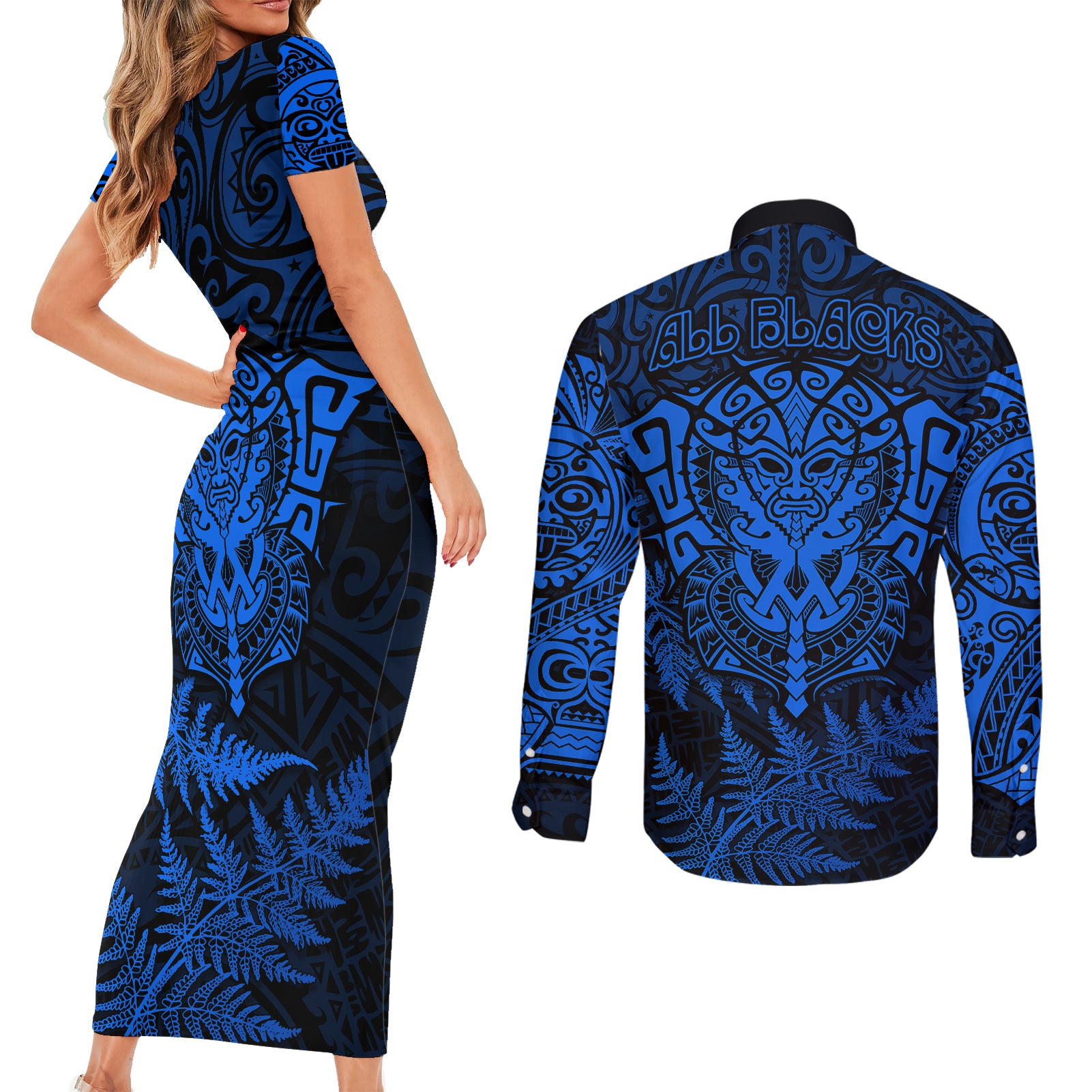 new-zealand-rugby-couples-matching-short-sleeve-bodycon-dress-and-long-sleeve-button-shirts-silver-fern-all-black-mix-ta-moko-blue-style