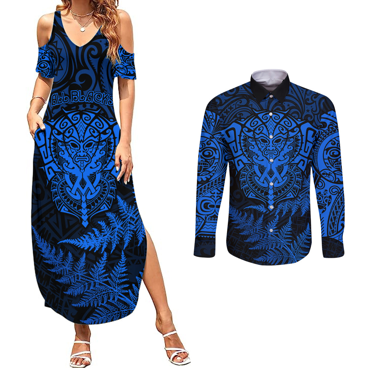 new-zealand-rugby-couples-matching-summer-maxi-dress-and-long-sleeve-button-shirts-silver-fern-all-black-mix-ta-moko-blue-style