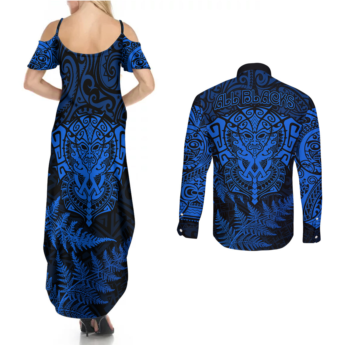 new-zealand-rugby-couples-matching-summer-maxi-dress-and-long-sleeve-button-shirts-silver-fern-all-black-mix-ta-moko-blue-style