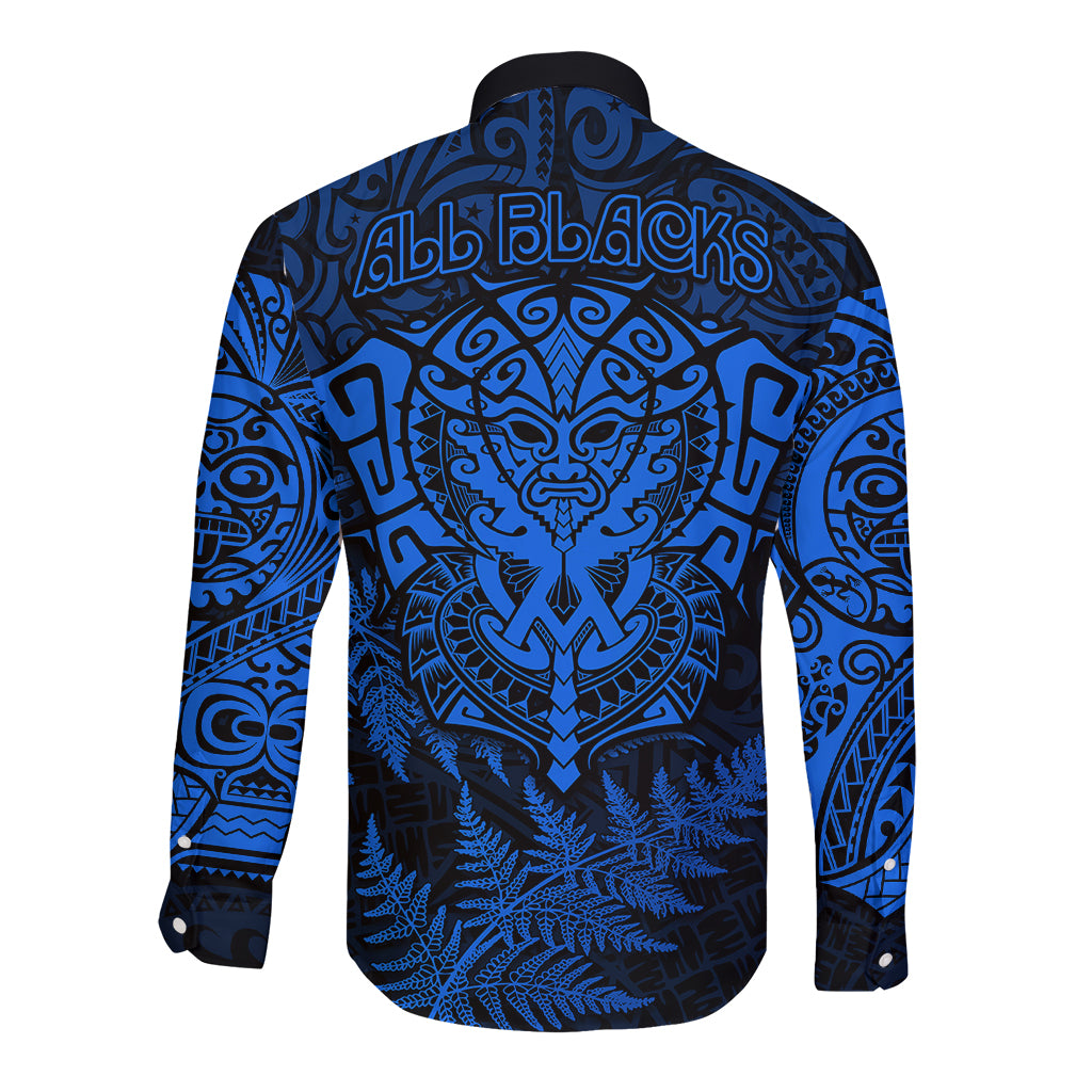 New Zealand Rugby Long Sleeve Button Shirt Silver Fern All Black Mix Ta Moko Blue Style - Vibe Hoodie Shop