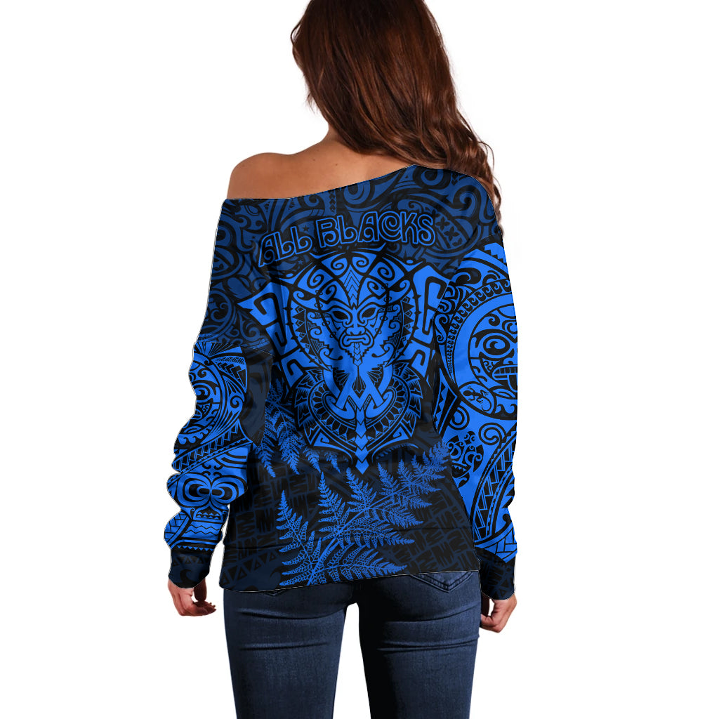 New Zealand Rugby Off Shoulder Sweater Silver Fern All Black Mix Ta Moko Blue Style - Vibe Hoodie Shop