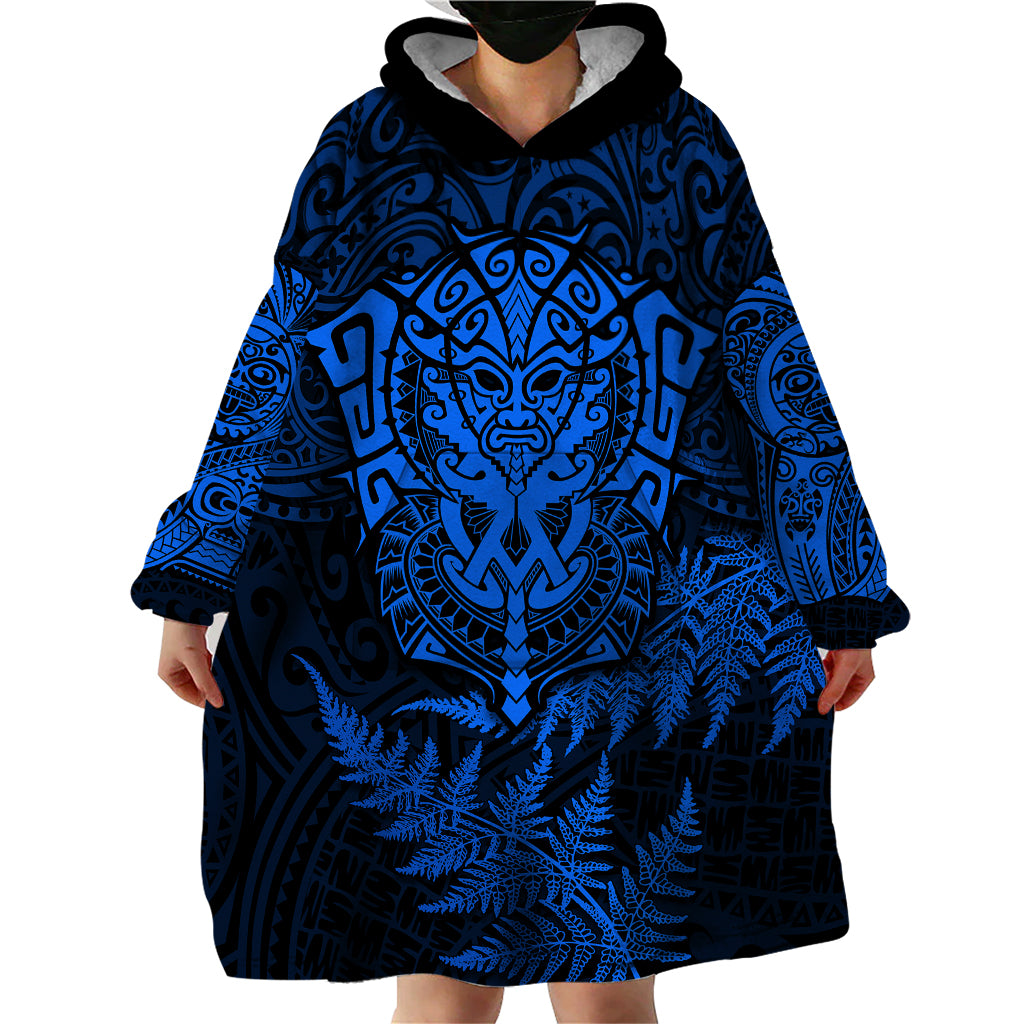 New Zealand Rugby Wearable Blanket Hoodie Silver Fern All Black Mix Ta Moko Blue Style - Vibe Hoodie Shop