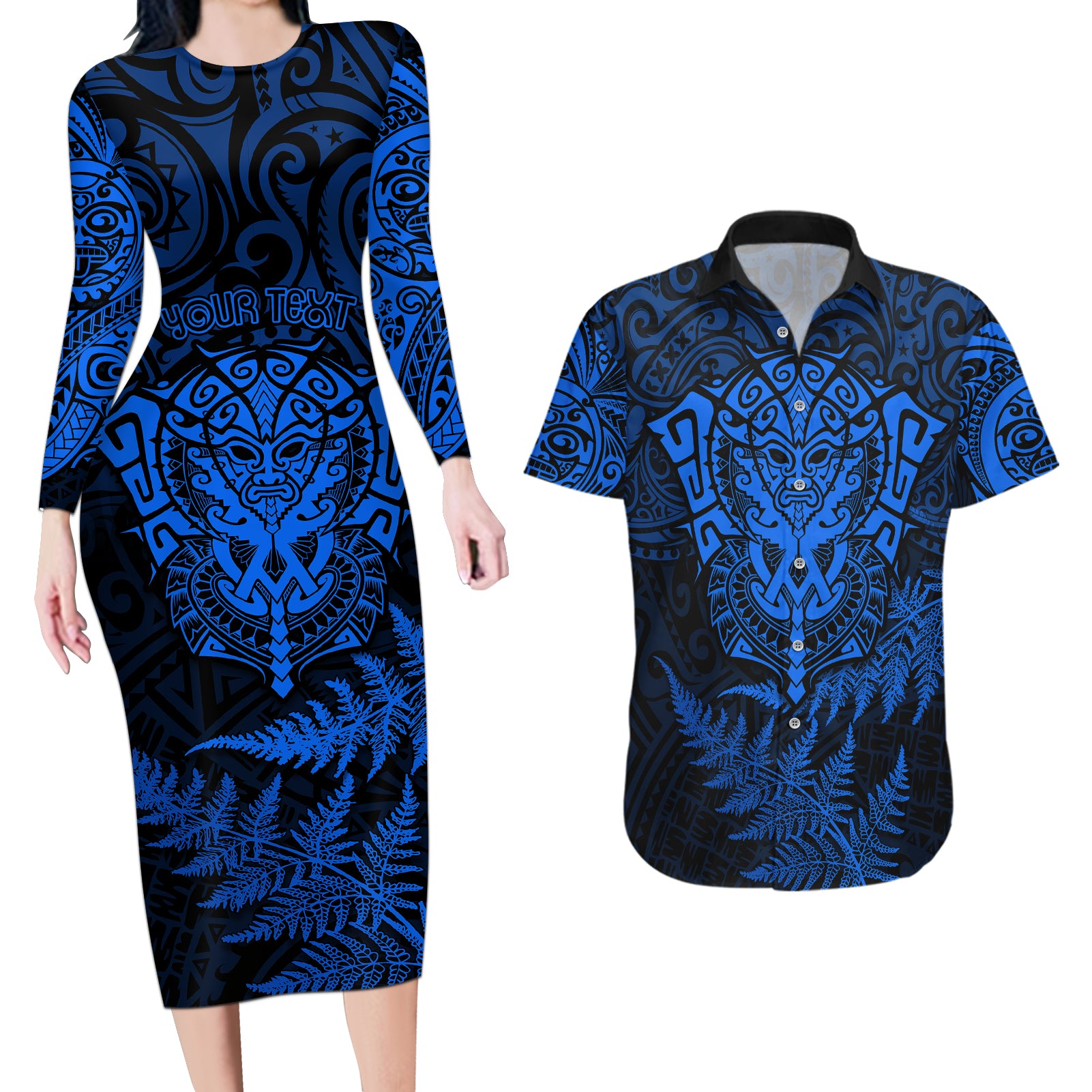 personalised-new-zealand-rugby-couples-matching-long-sleeve-bodycon-dress-and-hawaiian-shirt-silver-fern-all-black-mix-ta-moko-blue-style