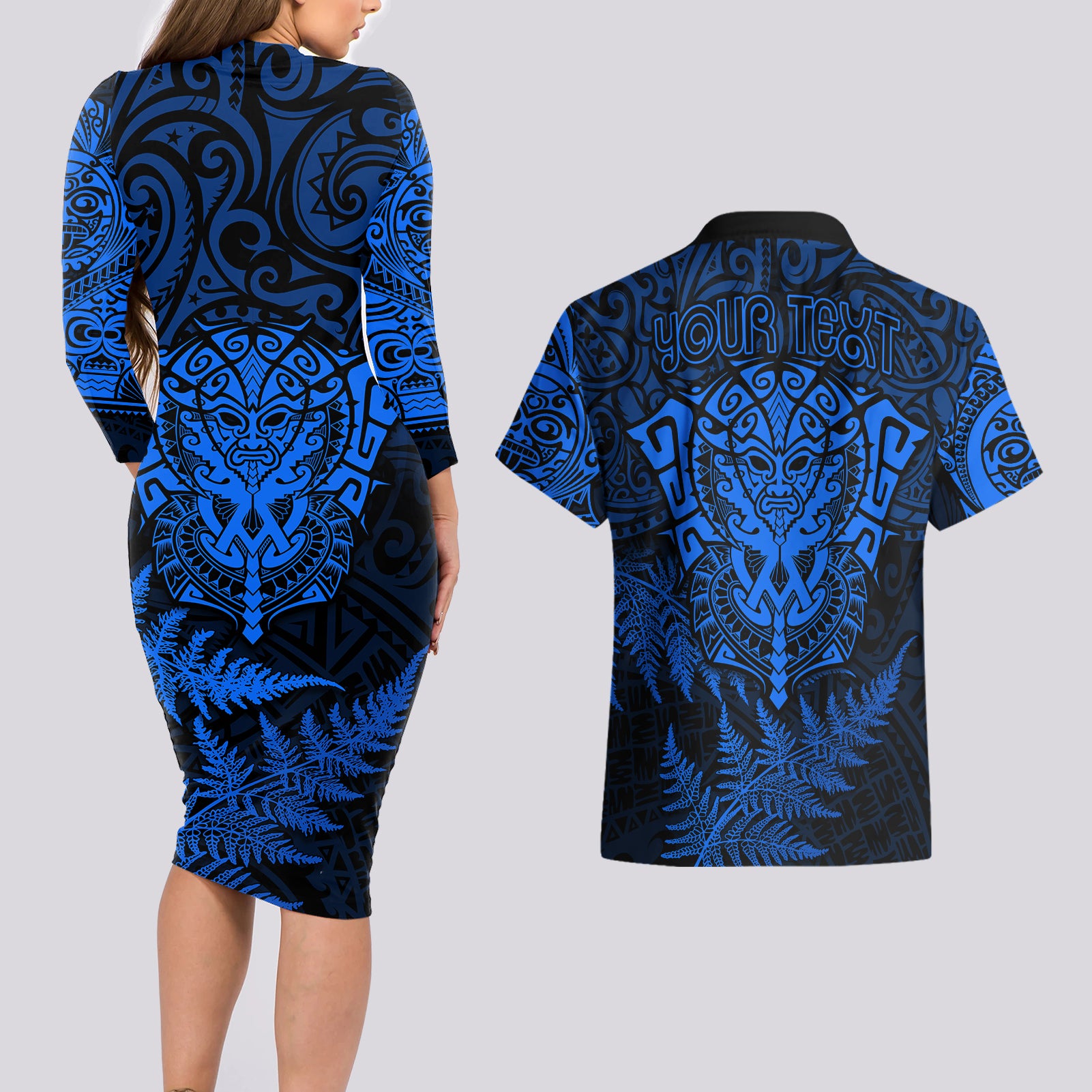 personalised-new-zealand-rugby-couples-matching-long-sleeve-bodycon-dress-and-hawaiian-shirt-silver-fern-all-black-mix-ta-moko-blue-style