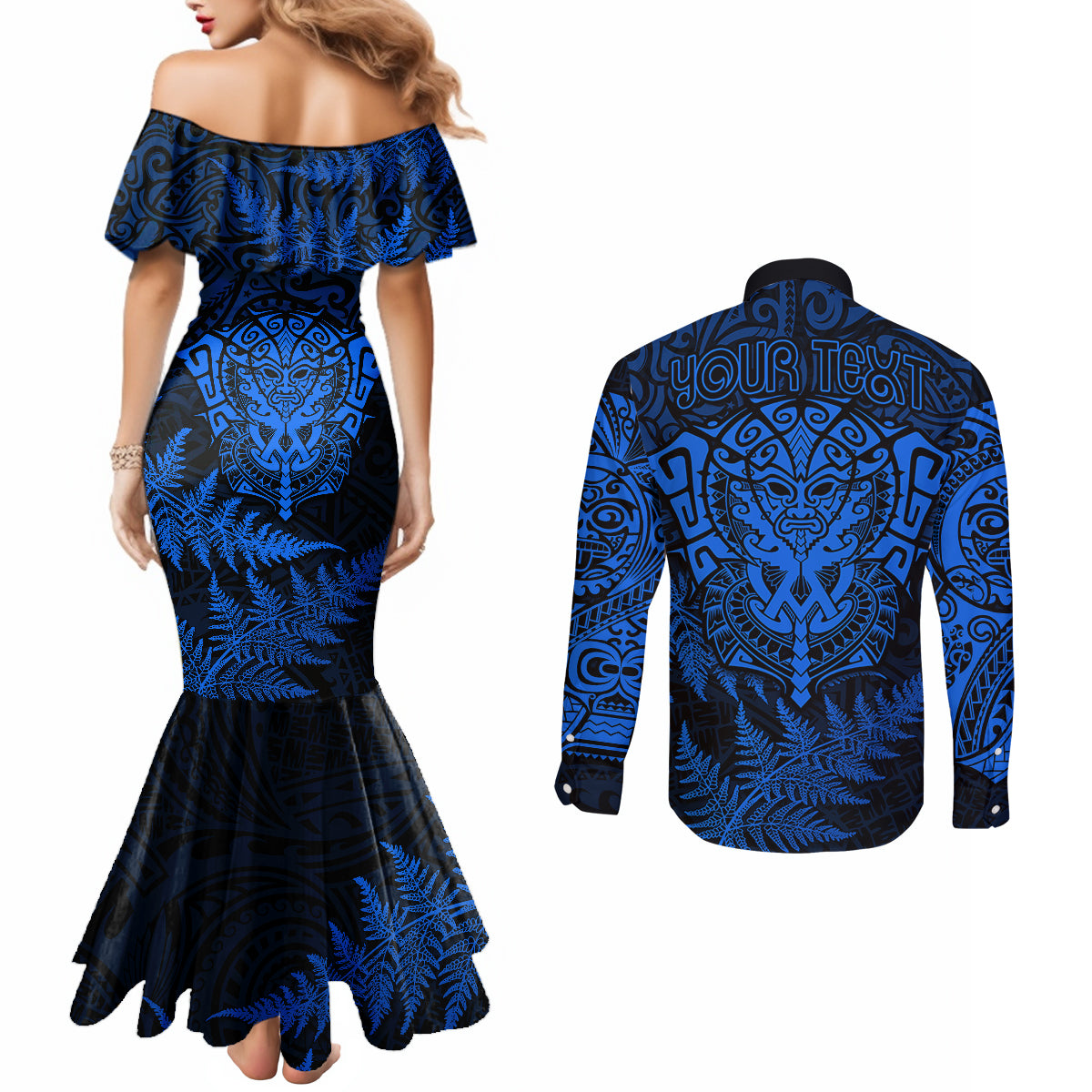 personalised-new-zealand-rugby-couples-matching-mermaid-dress-and-long-sleeve-button-shirts-silver-fern-all-black-mix-ta-moko-blue-style