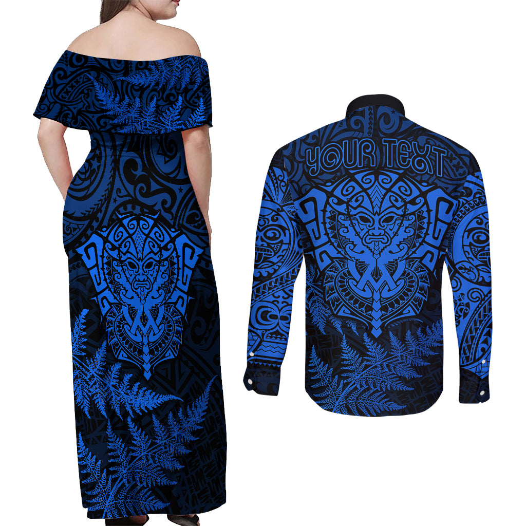 personalised-new-zealand-rugby-couples-matching-off-shoulder-maxi-dress-and-long-sleeve-button-shirts-silver-fern-all-black-mix-ta-moko-blue-style