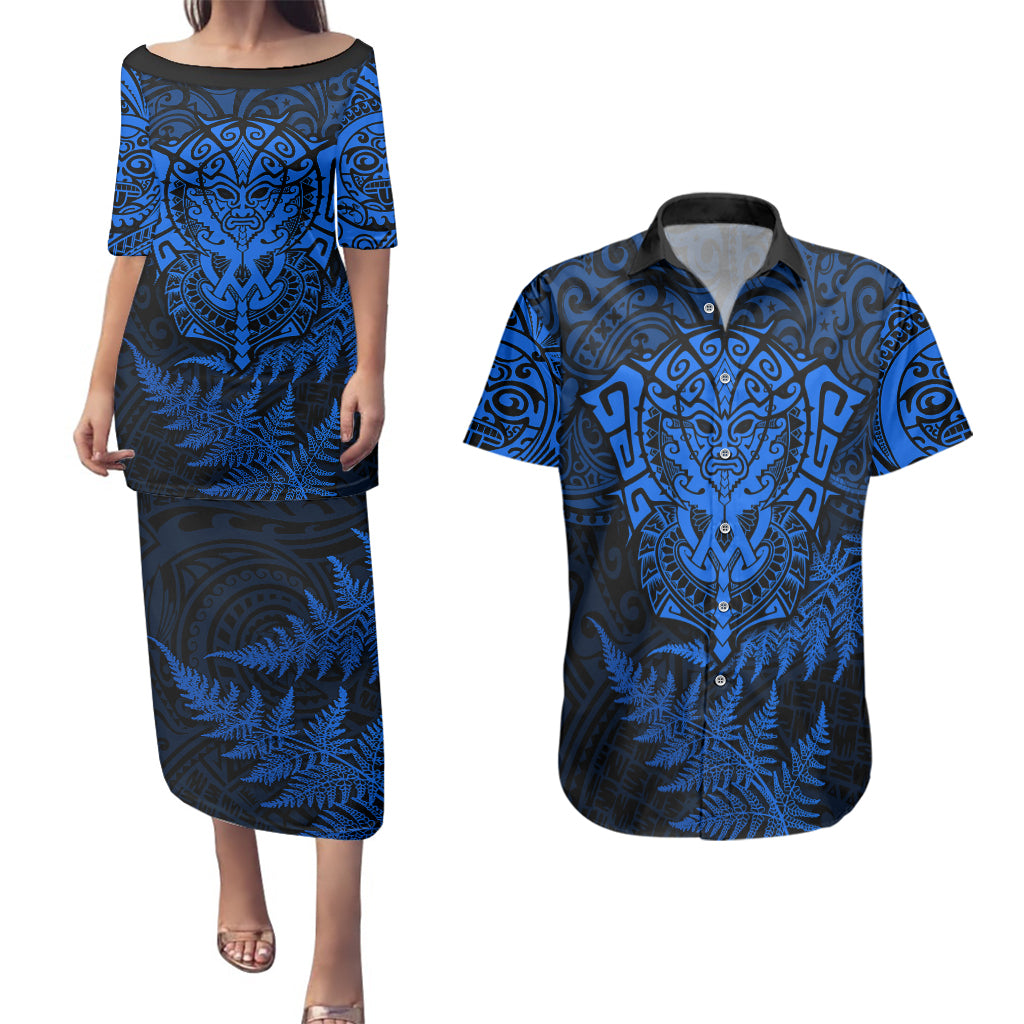 personalised-new-zealand-rugby-couples-matching-puletasi-dress-and-hawaiian-shirt-silver-fern-all-black-mix-ta-moko-blue-style
