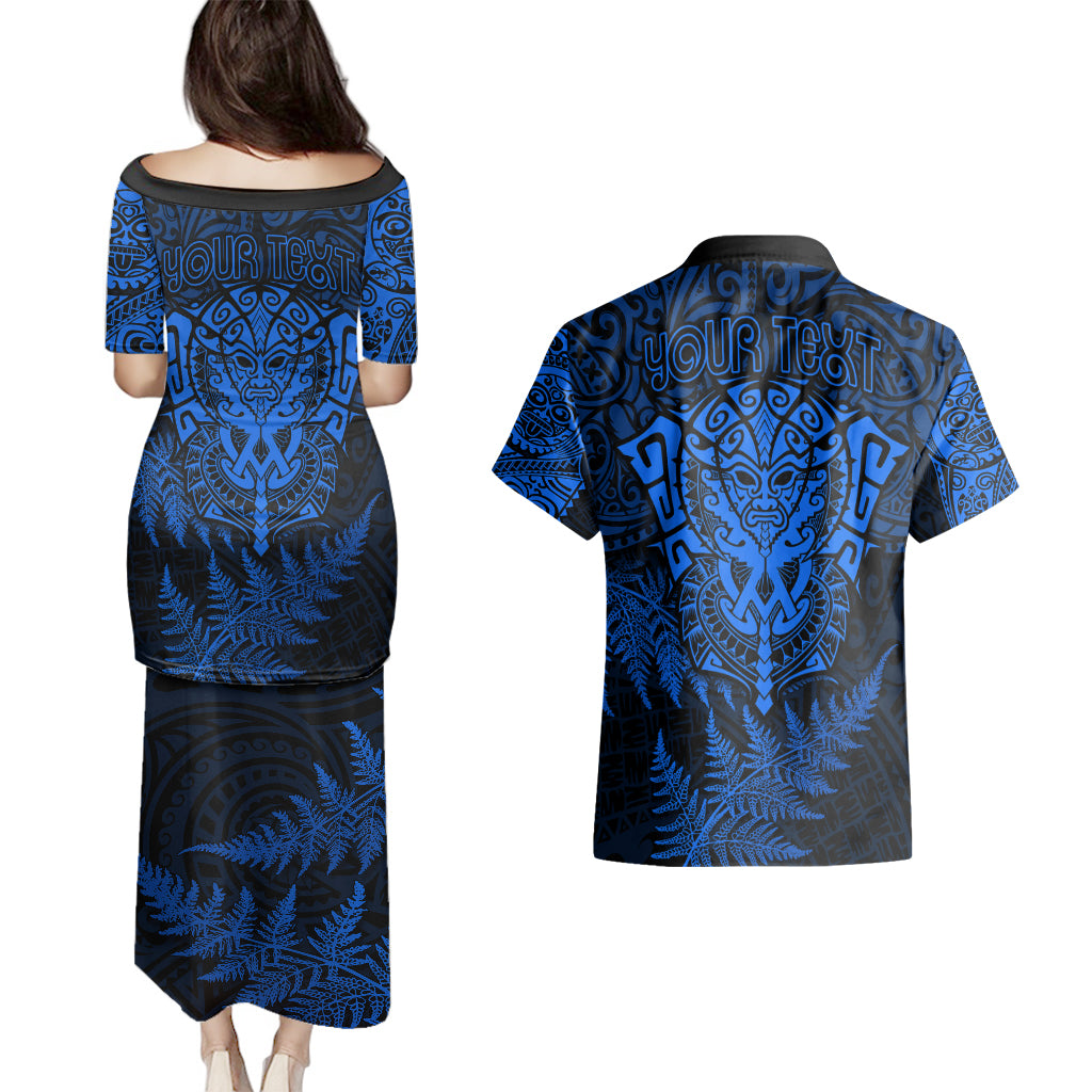personalised-new-zealand-rugby-couples-matching-puletasi-dress-and-hawaiian-shirt-silver-fern-all-black-mix-ta-moko-blue-style