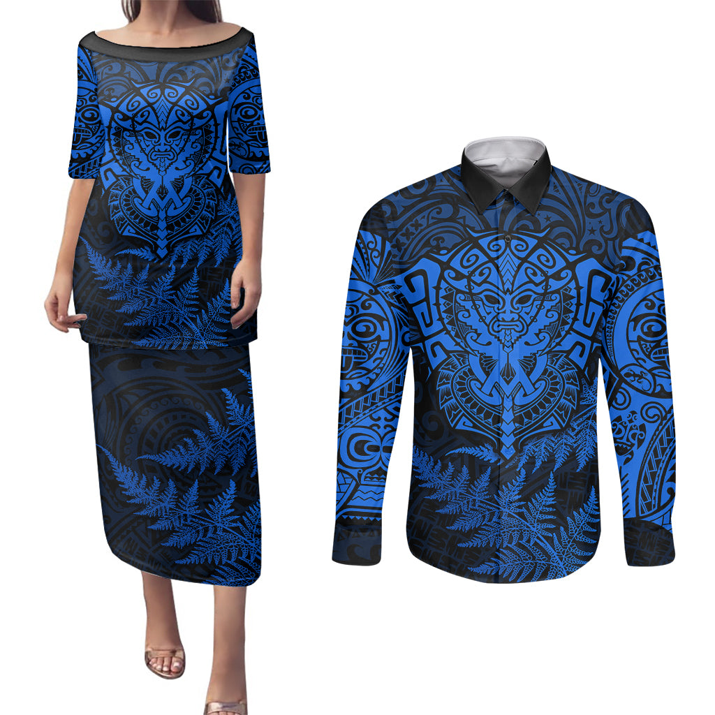 personalised-new-zealand-rugby-couples-matching-puletasi-dress-and-long-sleeve-button-shirts-silver-fern-all-black-mix-ta-moko-blue-style