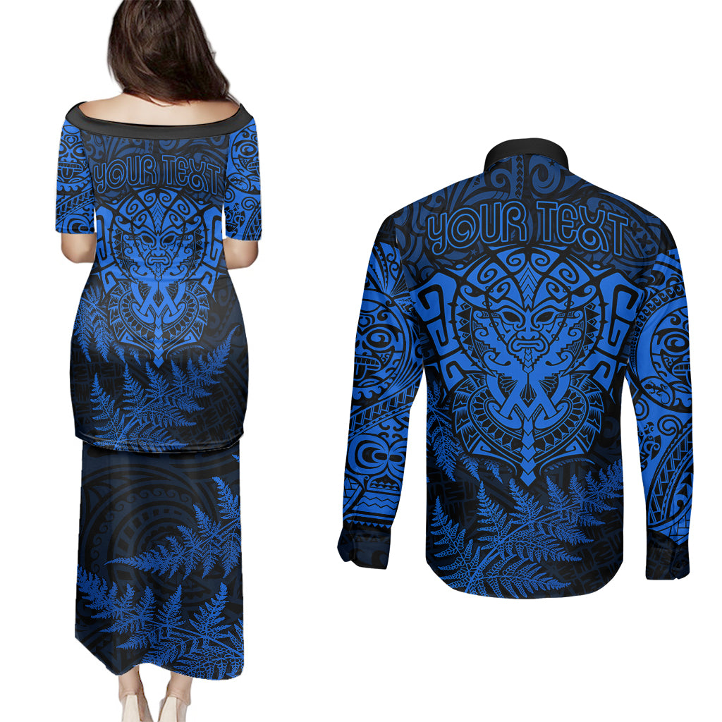 personalised-new-zealand-rugby-couples-matching-puletasi-dress-and-long-sleeve-button-shirts-silver-fern-all-black-mix-ta-moko-blue-style