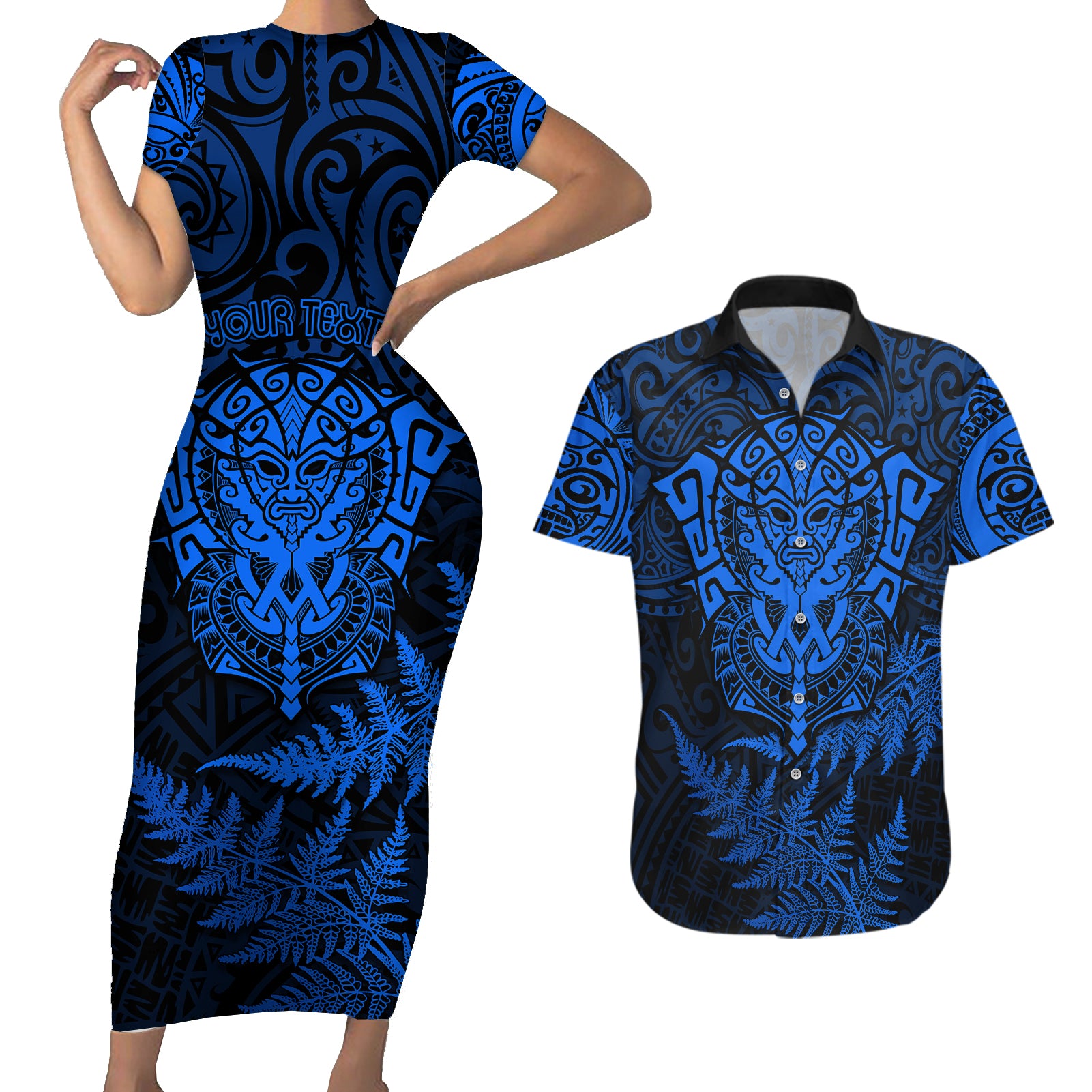 personalised-new-zealand-rugby-couples-matching-short-sleeve-bodycon-dress-and-hawaiian-shirt-silver-fern-all-black-mix-ta-moko-blue-style