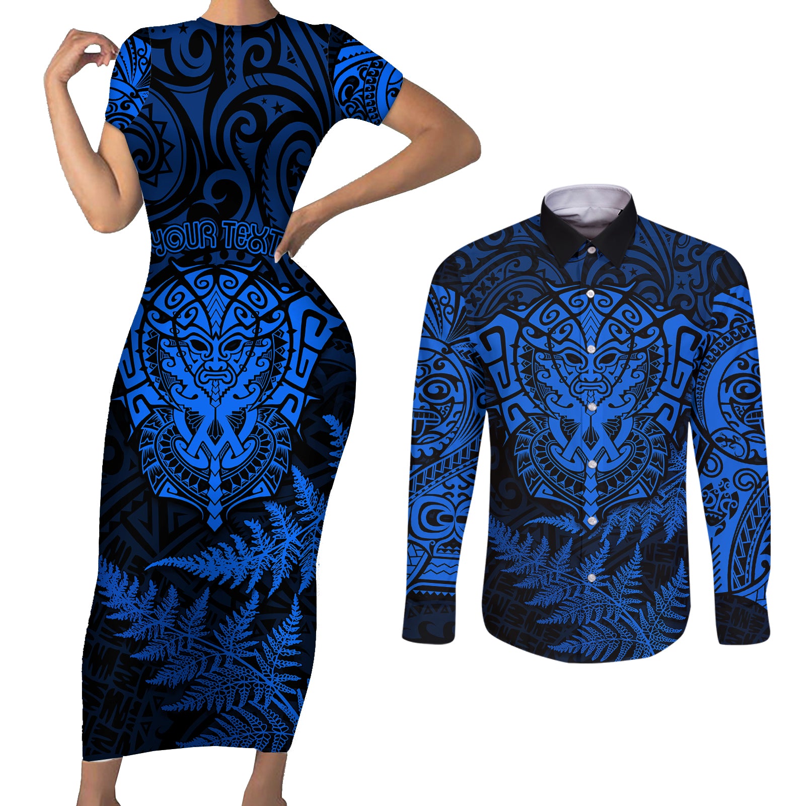 personalised-new-zealand-rugby-couples-matching-short-sleeve-bodycon-dress-and-long-sleeve-button-shirts-silver-fern-all-black-mix-ta-moko-blue-style