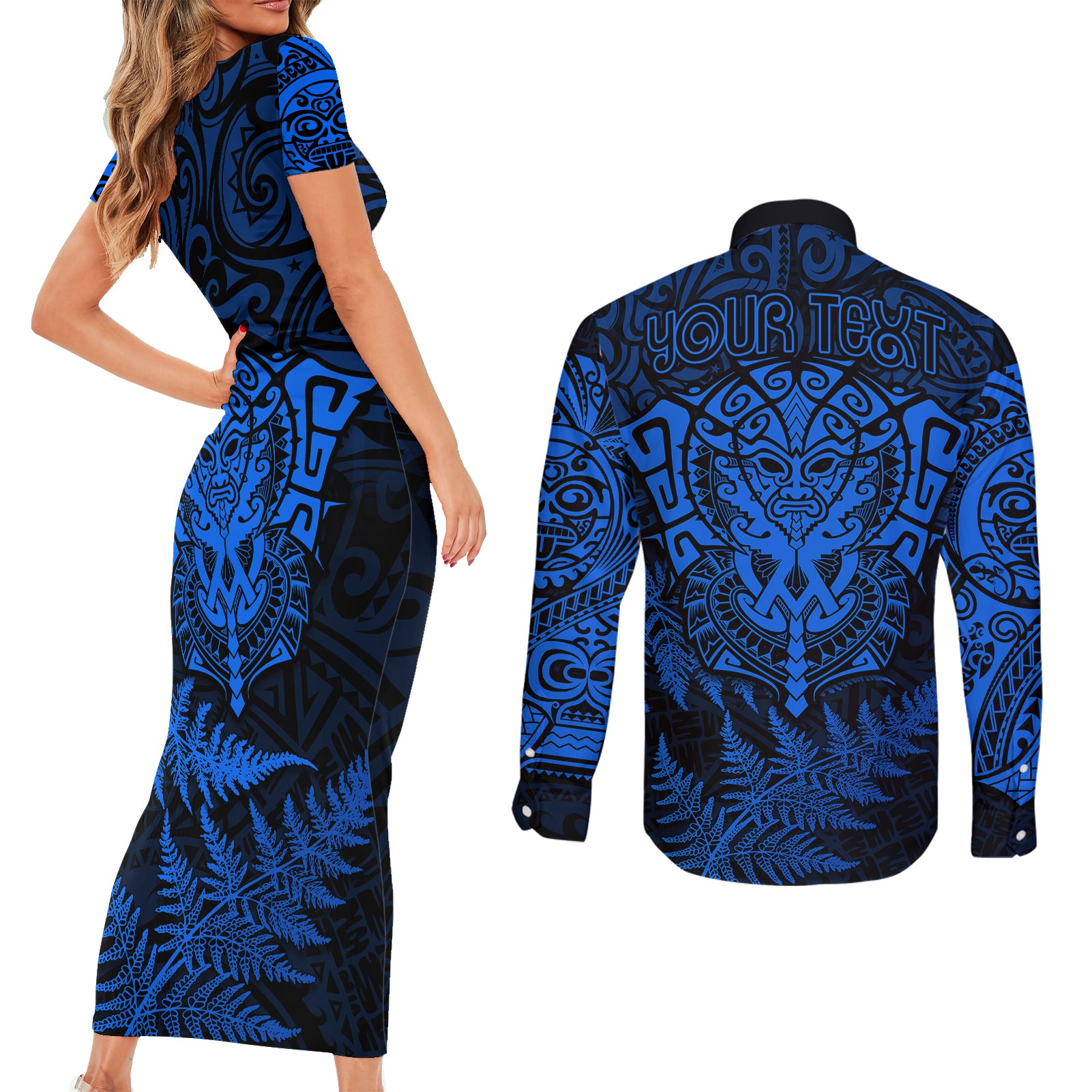 personalised-new-zealand-rugby-couples-matching-short-sleeve-bodycon-dress-and-long-sleeve-button-shirts-silver-fern-all-black-mix-ta-moko-blue-style