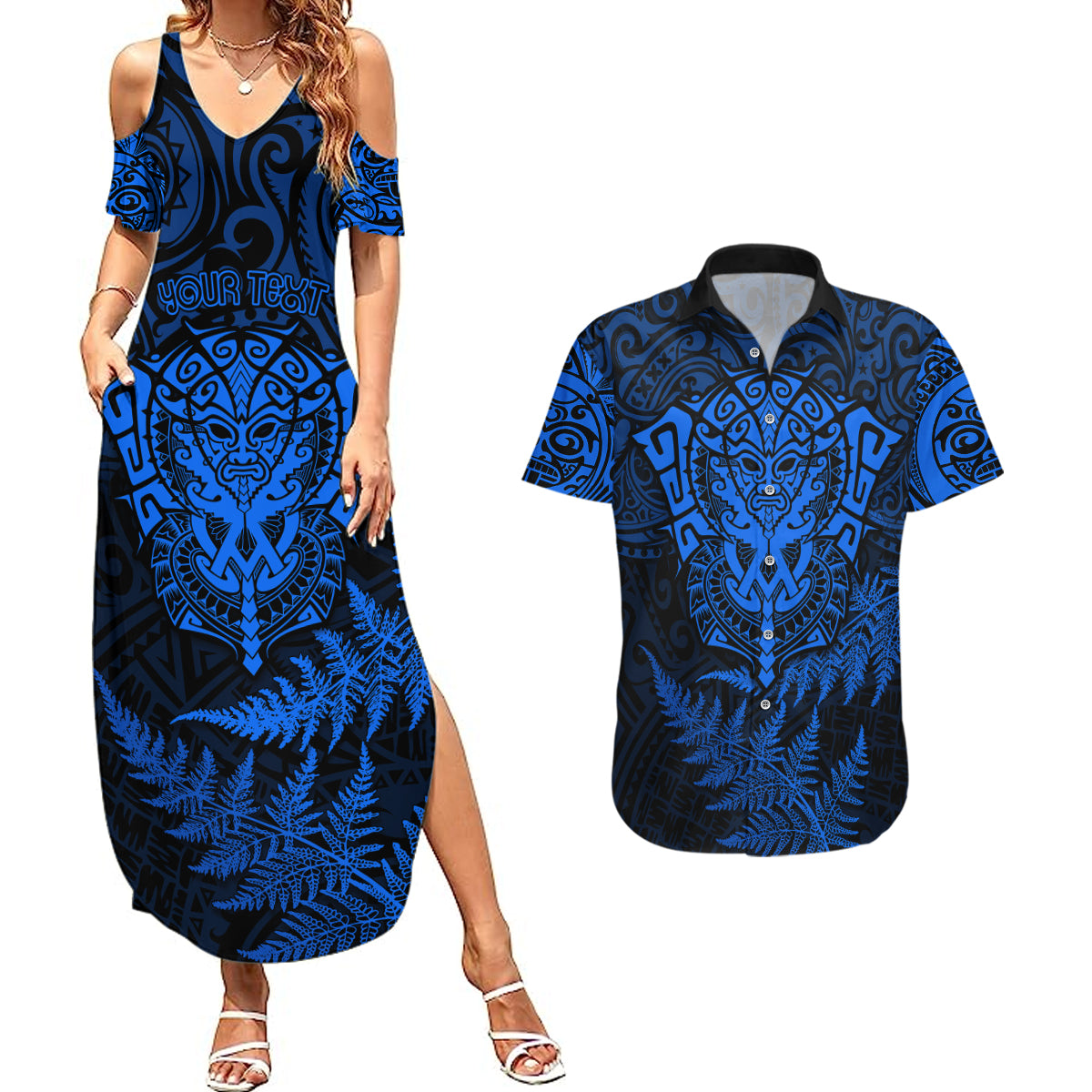 personalised-new-zealand-rugby-couples-matching-summer-maxi-dress-and-hawaiian-shirt-silver-fern-all-black-mix-ta-moko-blue-style