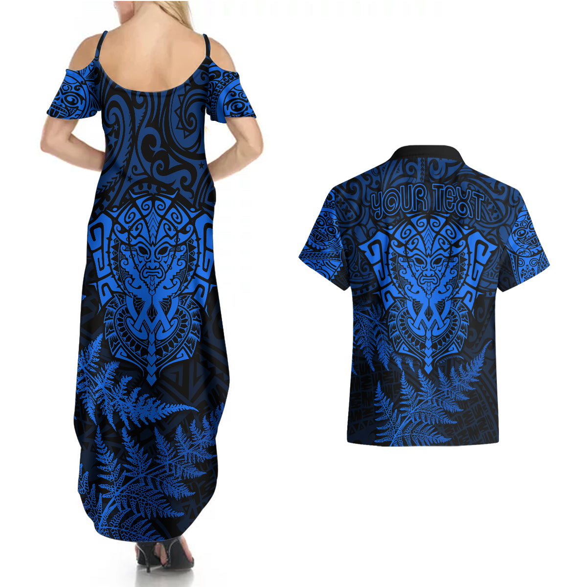 personalised-new-zealand-rugby-couples-matching-summer-maxi-dress-and-hawaiian-shirt-silver-fern-all-black-mix-ta-moko-blue-style