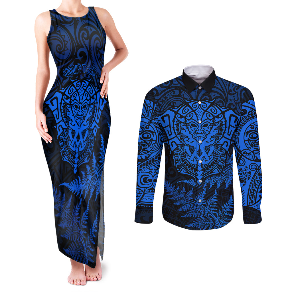 personalised-new-zealand-rugby-couples-matching-tank-maxi-dress-and-long-sleeve-button-shirts-silver-fern-all-black-mix-ta-moko-blue-style