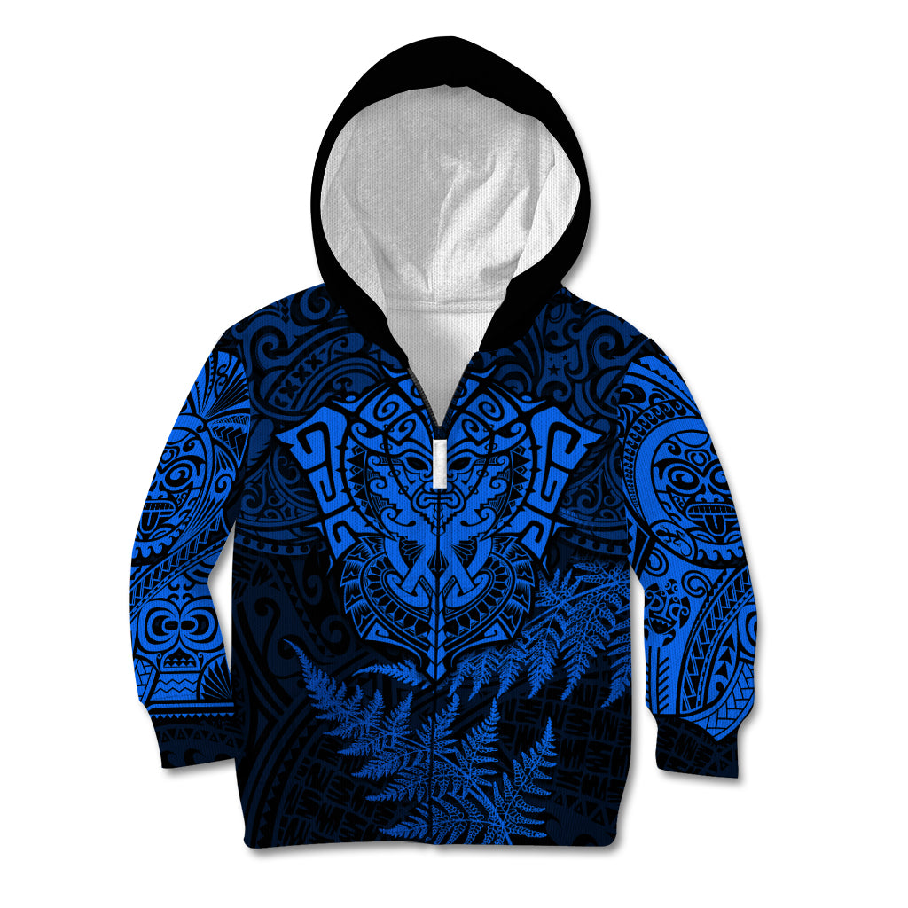 Personalised New Zealand Rugby Kid Hoodie Silver Fern All Black Mix Ta Moko Blue Style - Vibe Hoodie Shop