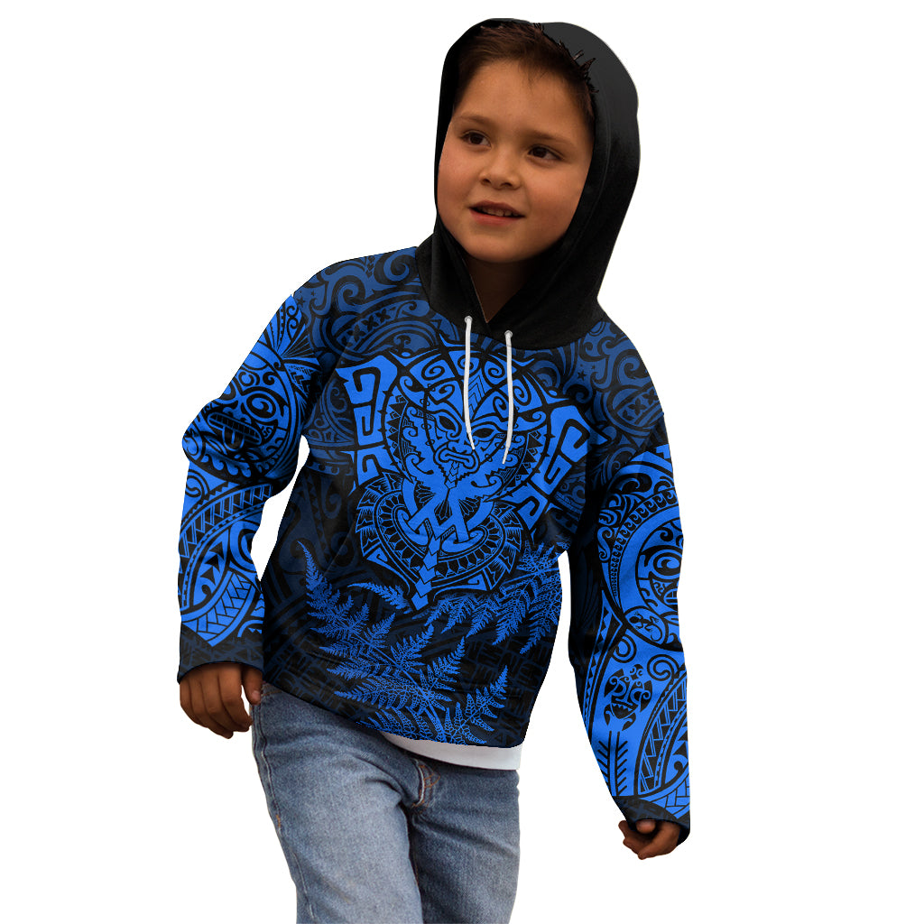 Personalised New Zealand Rugby Kid Hoodie Silver Fern All Black Mix Ta Moko Blue Style - Vibe Hoodie Shop