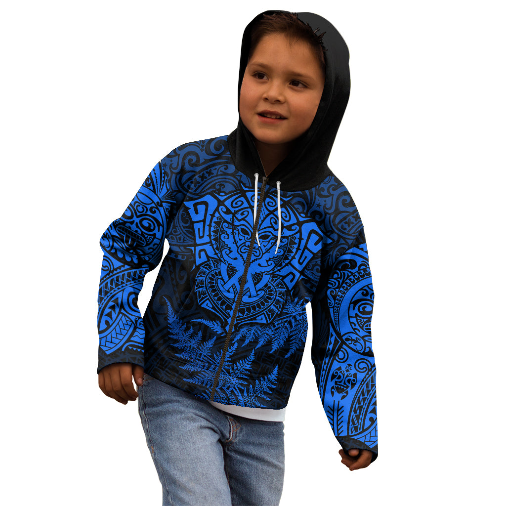 Personalised New Zealand Rugby Kid Hoodie Silver Fern All Black Mix Ta Moko Blue Style - Vibe Hoodie Shop