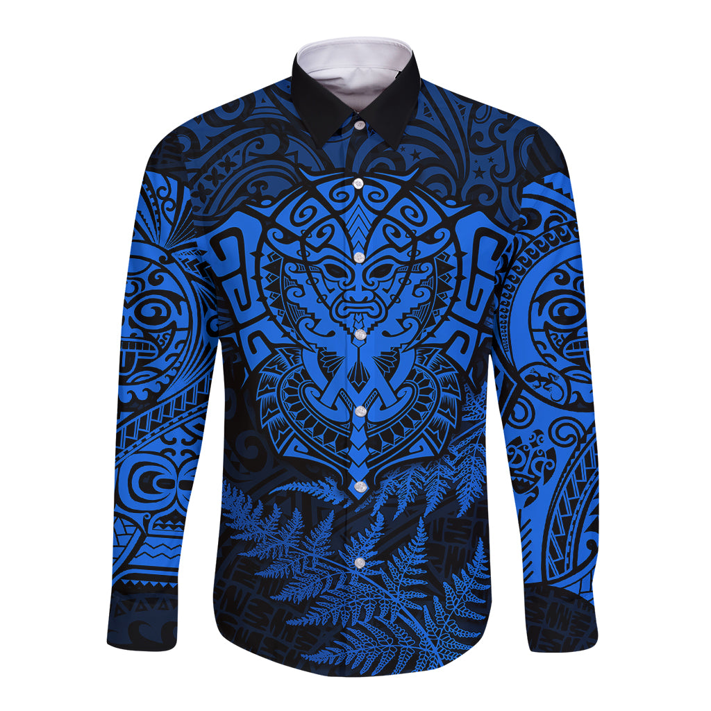 Personalised New Zealand Rugby Long Sleeve Button Shirt Silver Fern All Black Mix Ta Moko Blue Style - Vibe Hoodie Shop