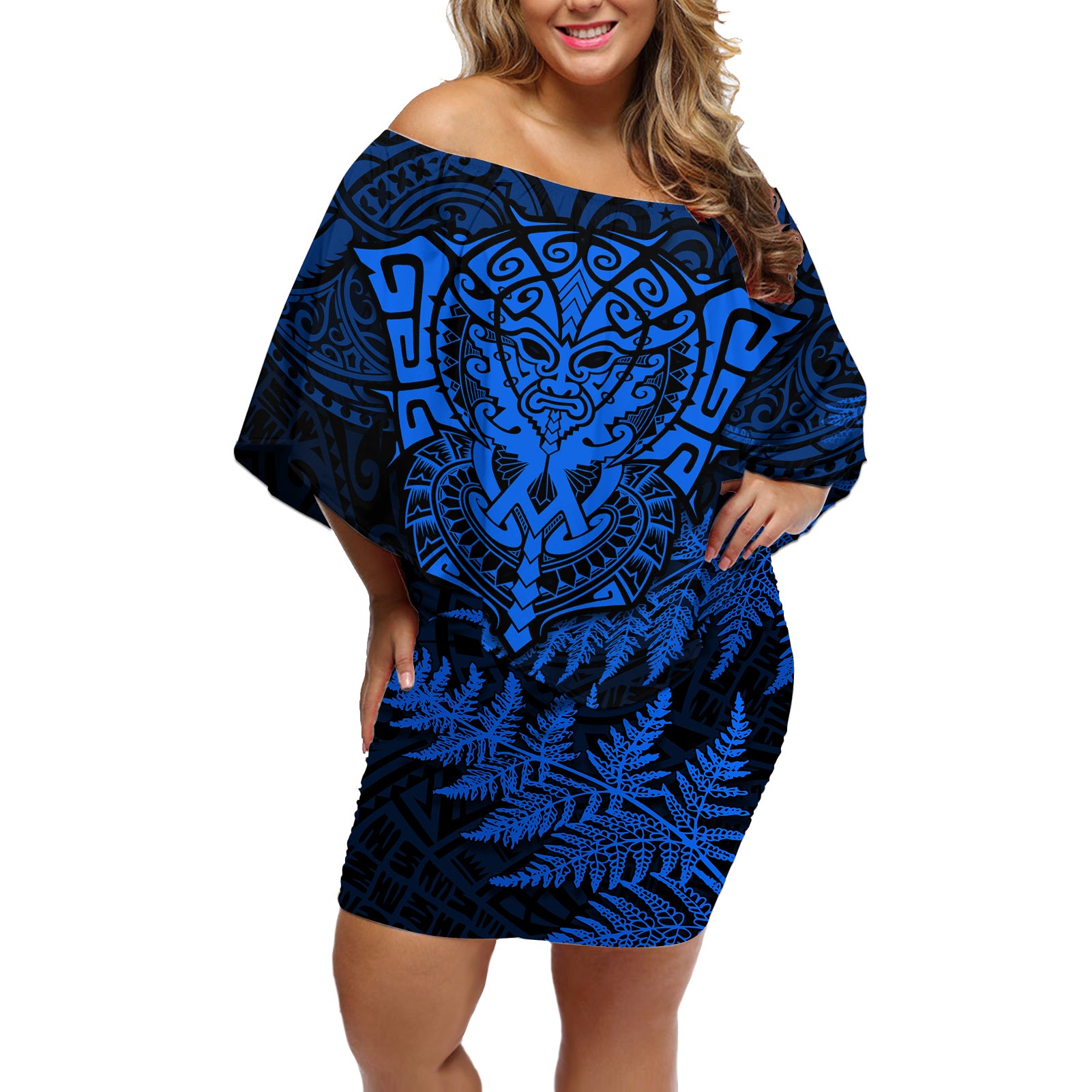 personalised-new-zealand-rugby-off-shoulder-short-dress-silver-fern-all-black-mix-ta-moko-blue-style
