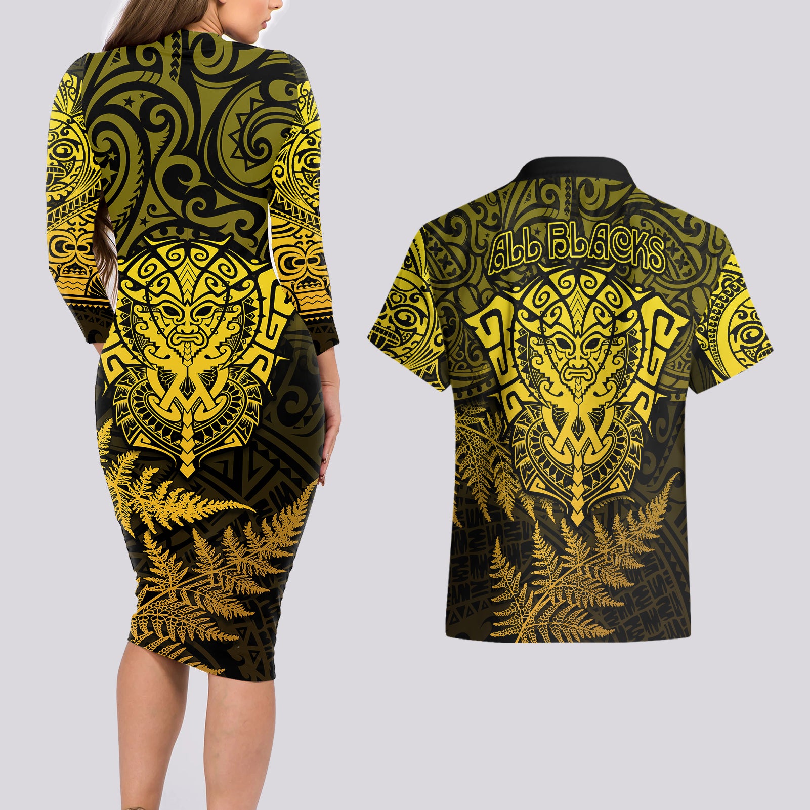 new-zealand-rugby-couples-matching-long-sleeve-bodycon-dress-and-hawaiian-shirt-silver-fern-all-black-mix-ta-moko-gold-style