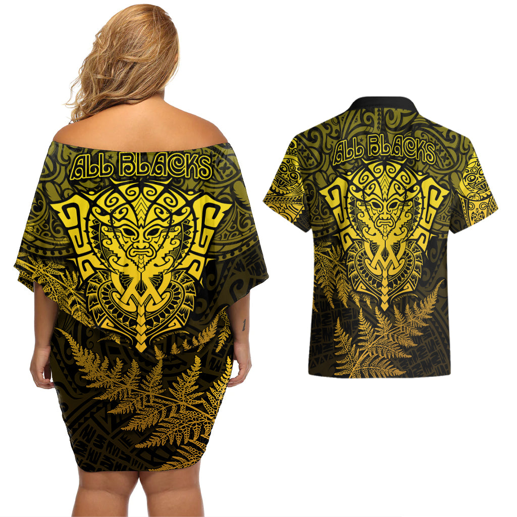 new-zealand-rugby-couples-matching-off-shoulder-short-dress-and-hawaiian-shirt-silver-fern-all-black-mix-ta-moko-gold-style