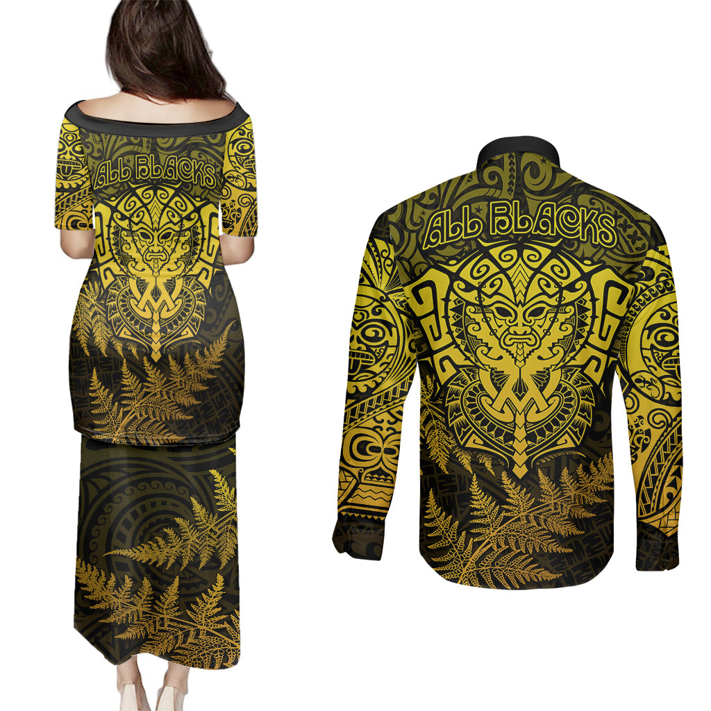 new-zealand-rugby-couples-matching-puletasi-dress-and-long-sleeve-button-shirts-silver-fern-all-black-mix-ta-moko-gold-style