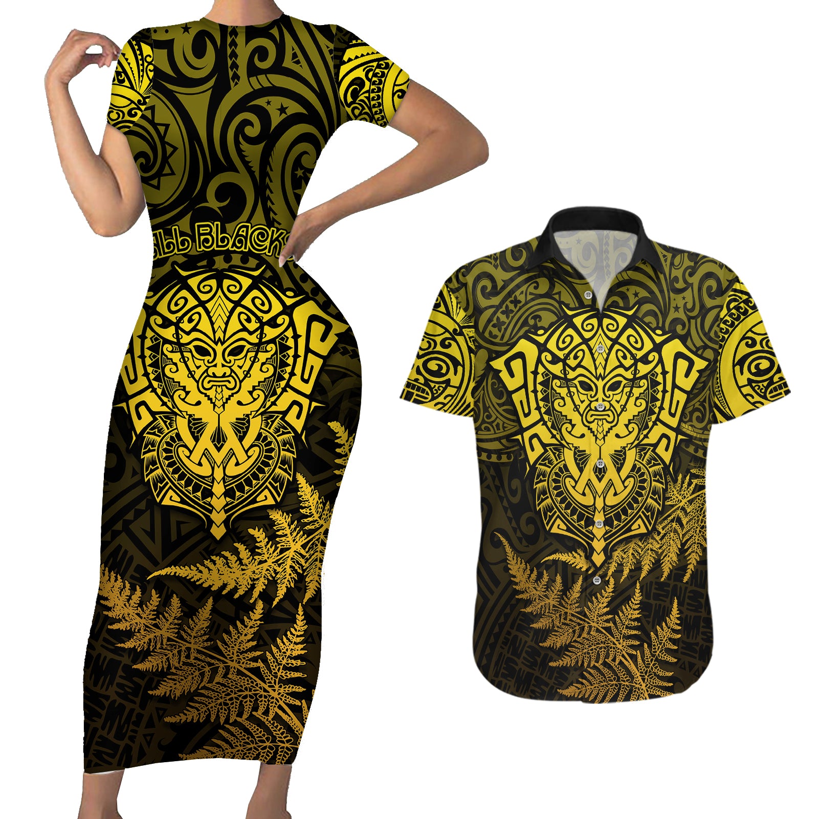 new-zealand-rugby-couples-matching-short-sleeve-bodycon-dress-and-hawaiian-shirt-silver-fern-all-black-mix-ta-moko-gold-style