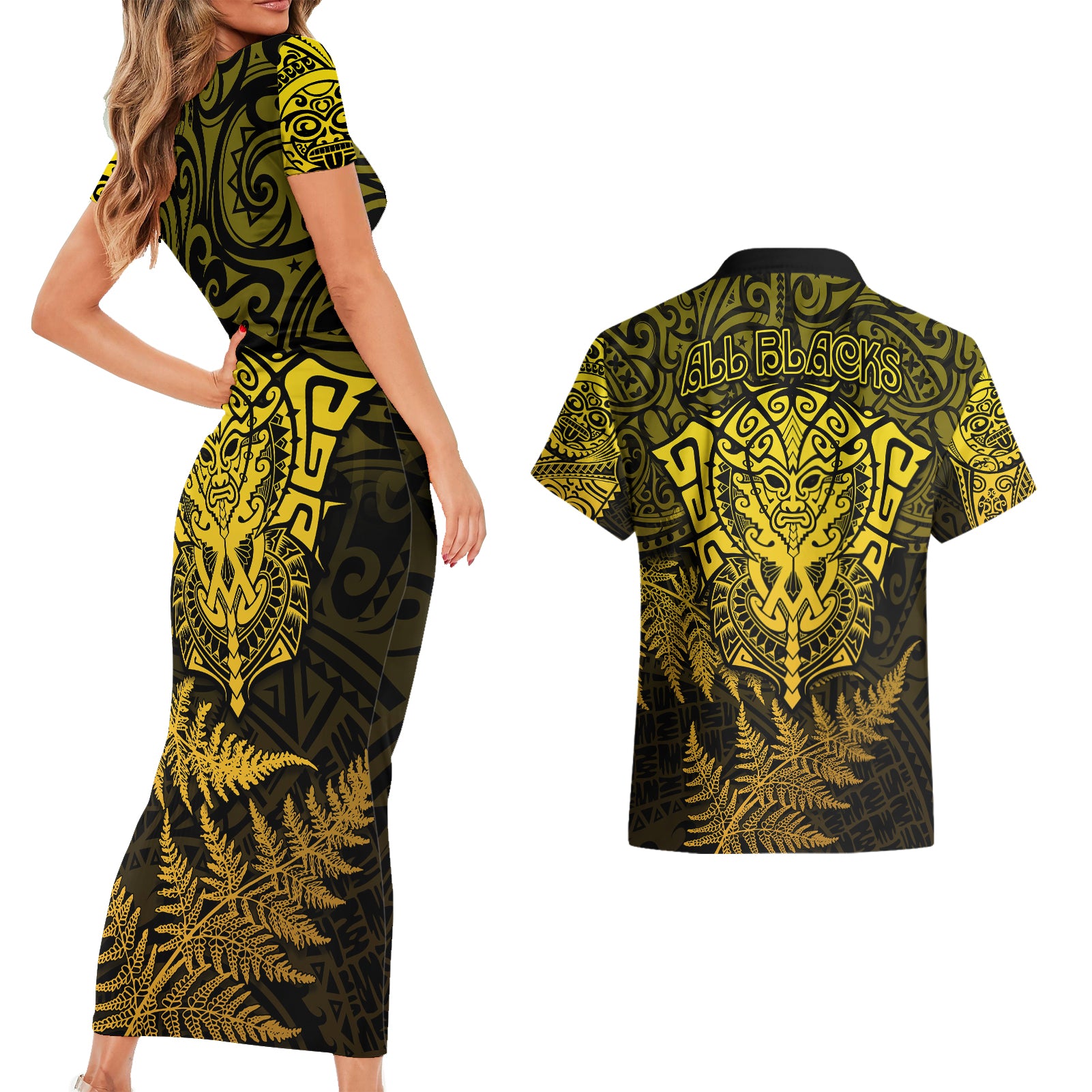 new-zealand-rugby-couples-matching-short-sleeve-bodycon-dress-and-hawaiian-shirt-silver-fern-all-black-mix-ta-moko-gold-style