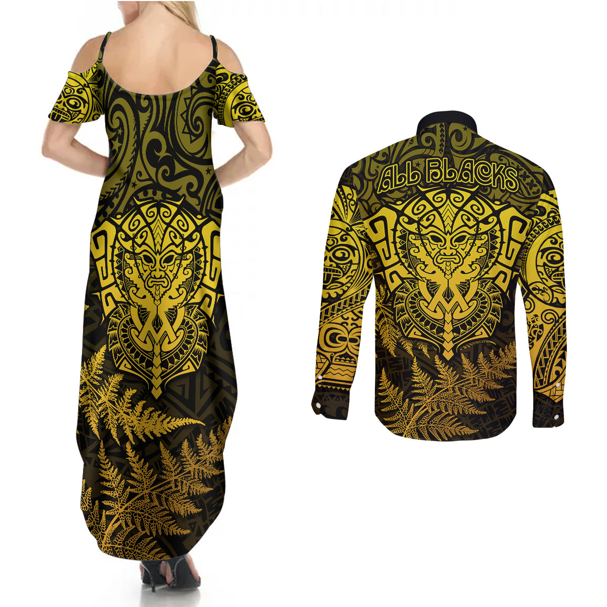 new-zealand-rugby-couples-matching-summer-maxi-dress-and-long-sleeve-button-shirts-silver-fern-all-black-mix-ta-moko-gold-style
