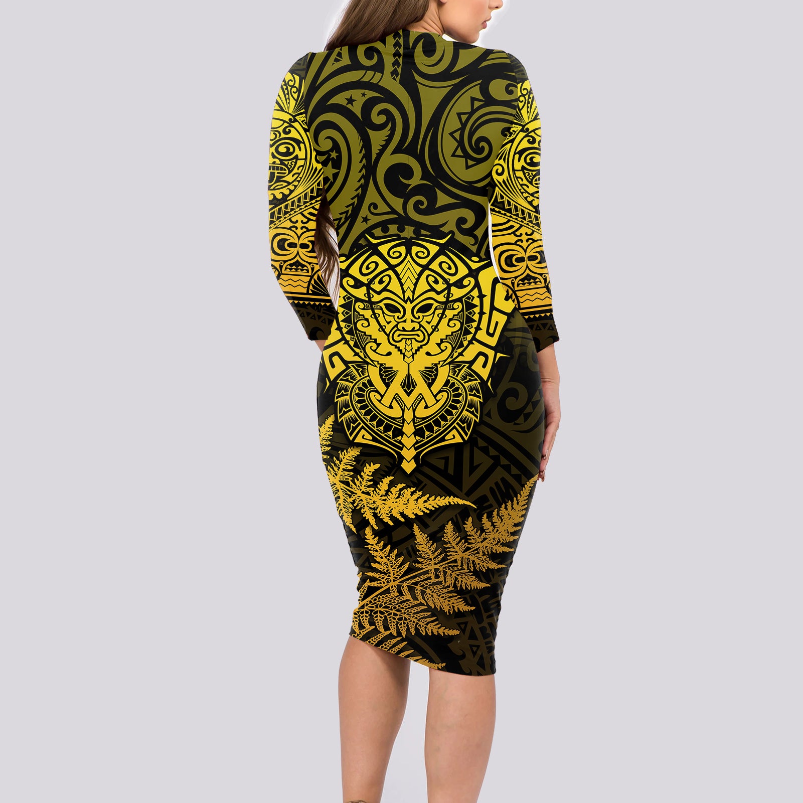 new-zealand-rugby-long-sleeve-bodycon-dress-silver-fern-all-black-mix-ta-moko-gold-style