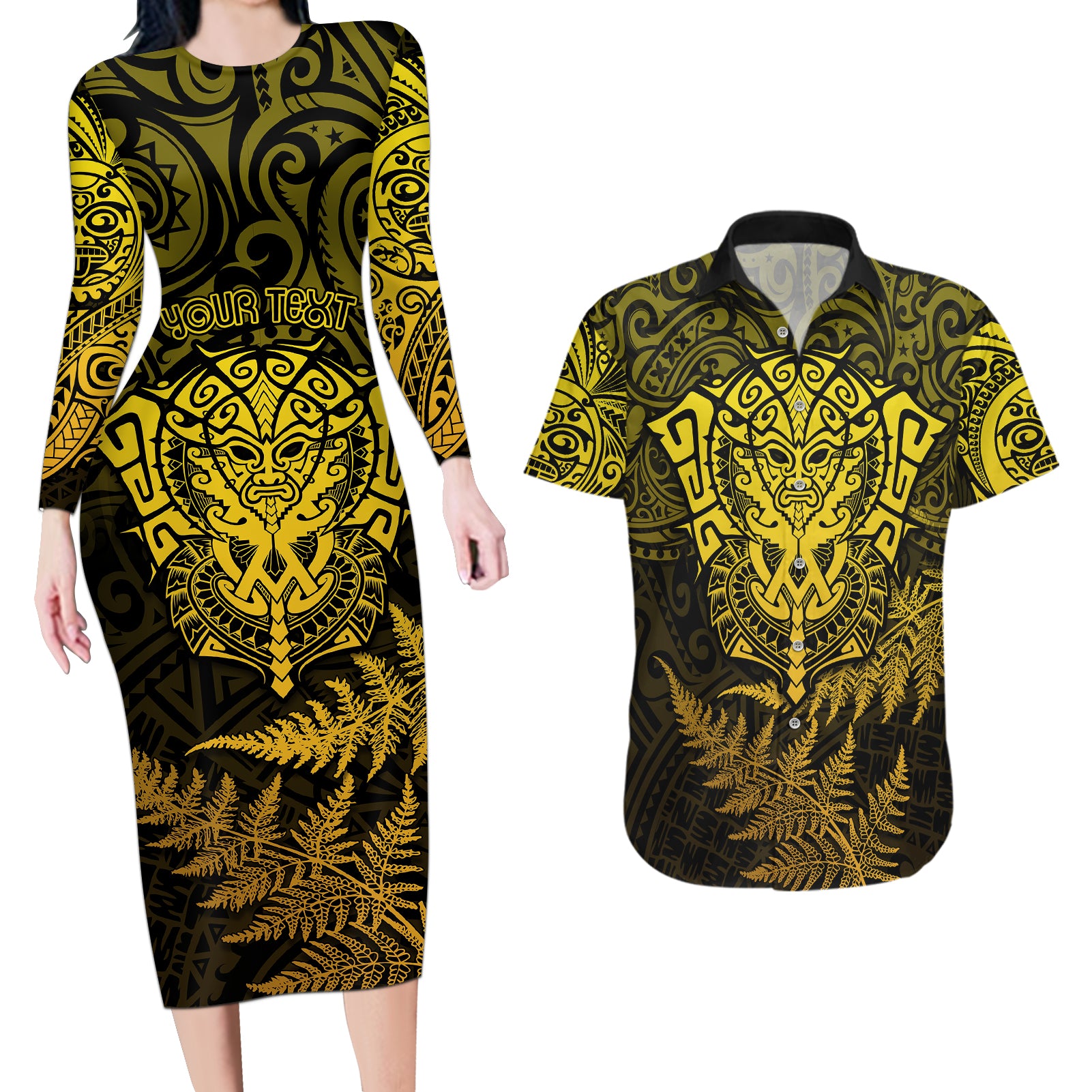 new-zealand-rugby-couples-matching-long-sleeve-bodycon-dress-and-hawaiian-shirt-silver-fern-all-black-mix-ta-moko-gold-style