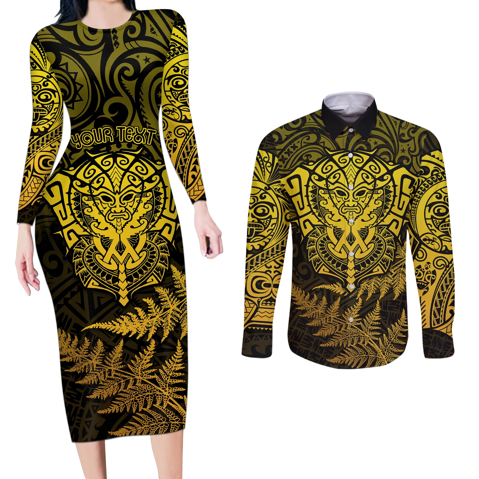 new-zealand-rugby-couples-matching-long-sleeve-bodycon-dress-and-long-sleeve-button-shirts-silver-fern-all-black-mix-ta-moko-gold-style