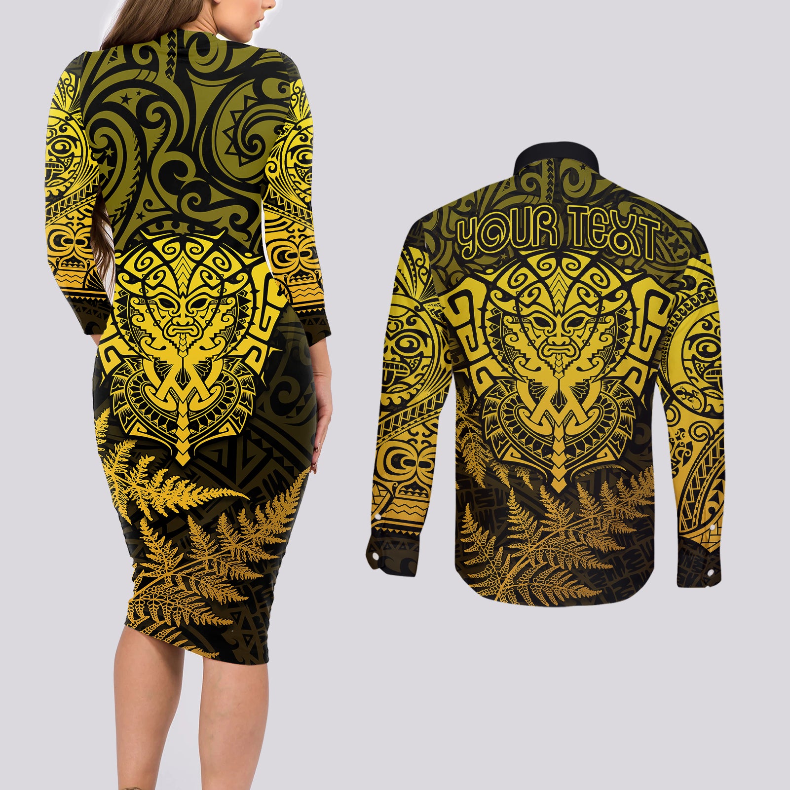 new-zealand-rugby-couples-matching-long-sleeve-bodycon-dress-and-long-sleeve-button-shirts-silver-fern-all-black-mix-ta-moko-gold-style