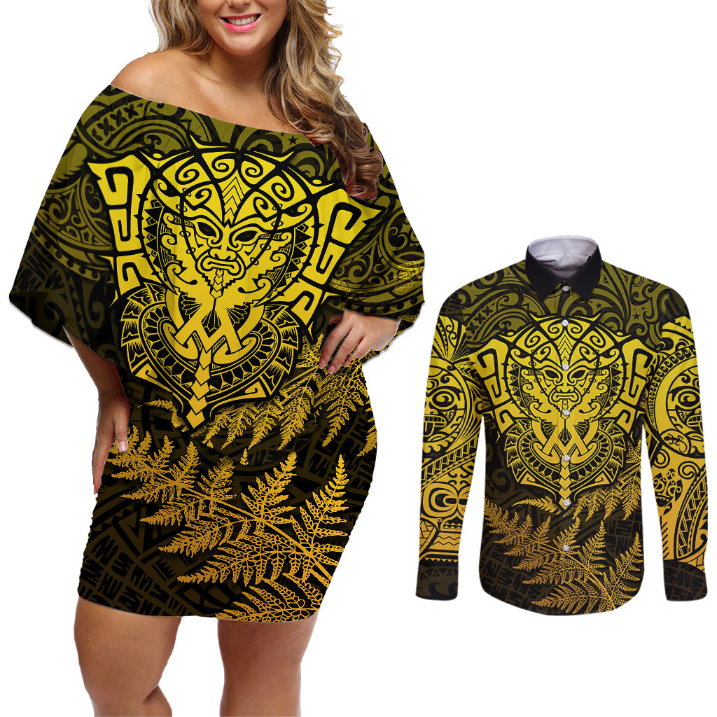 new-zealand-rugby-couples-matching-off-shoulder-short-dress-and-long-sleeve-button-shirts-silver-fern-all-black-mix-ta-moko-gold-style