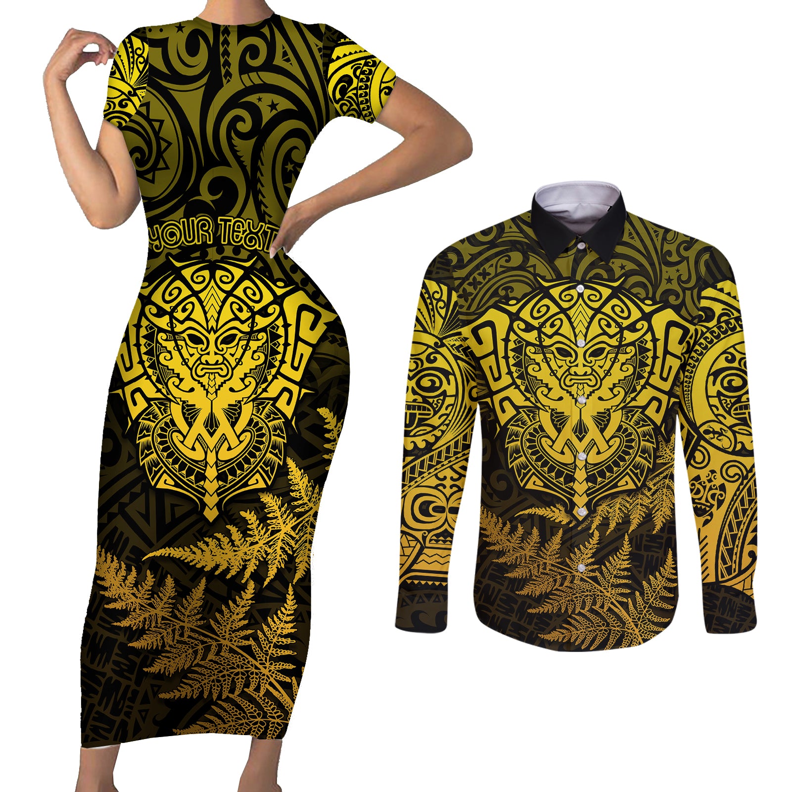 new-zealand-rugby-couples-matching-short-sleeve-bodycon-dress-and-long-sleeve-button-shirts-silver-fern-all-black-mix-ta-moko-gold-style