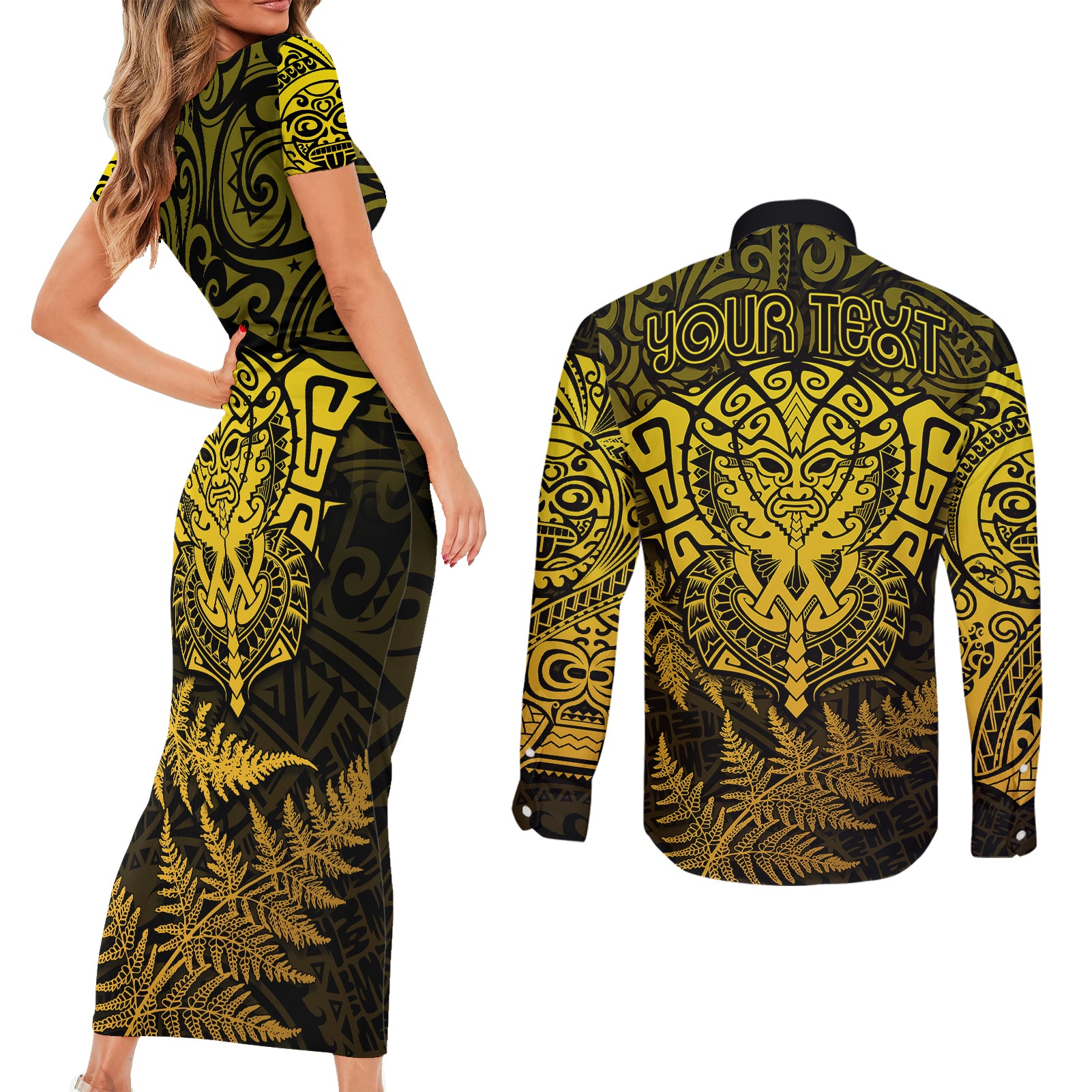 new-zealand-rugby-couples-matching-short-sleeve-bodycon-dress-and-long-sleeve-button-shirts-silver-fern-all-black-mix-ta-moko-gold-style