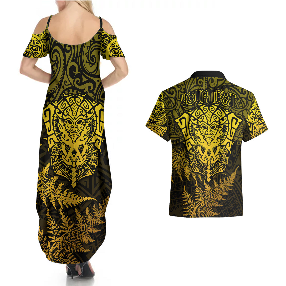 new-zealand-rugby-couples-matching-summer-maxi-dress-and-hawaiian-shirt-silver-fern-all-black-mix-ta-moko-gold-style