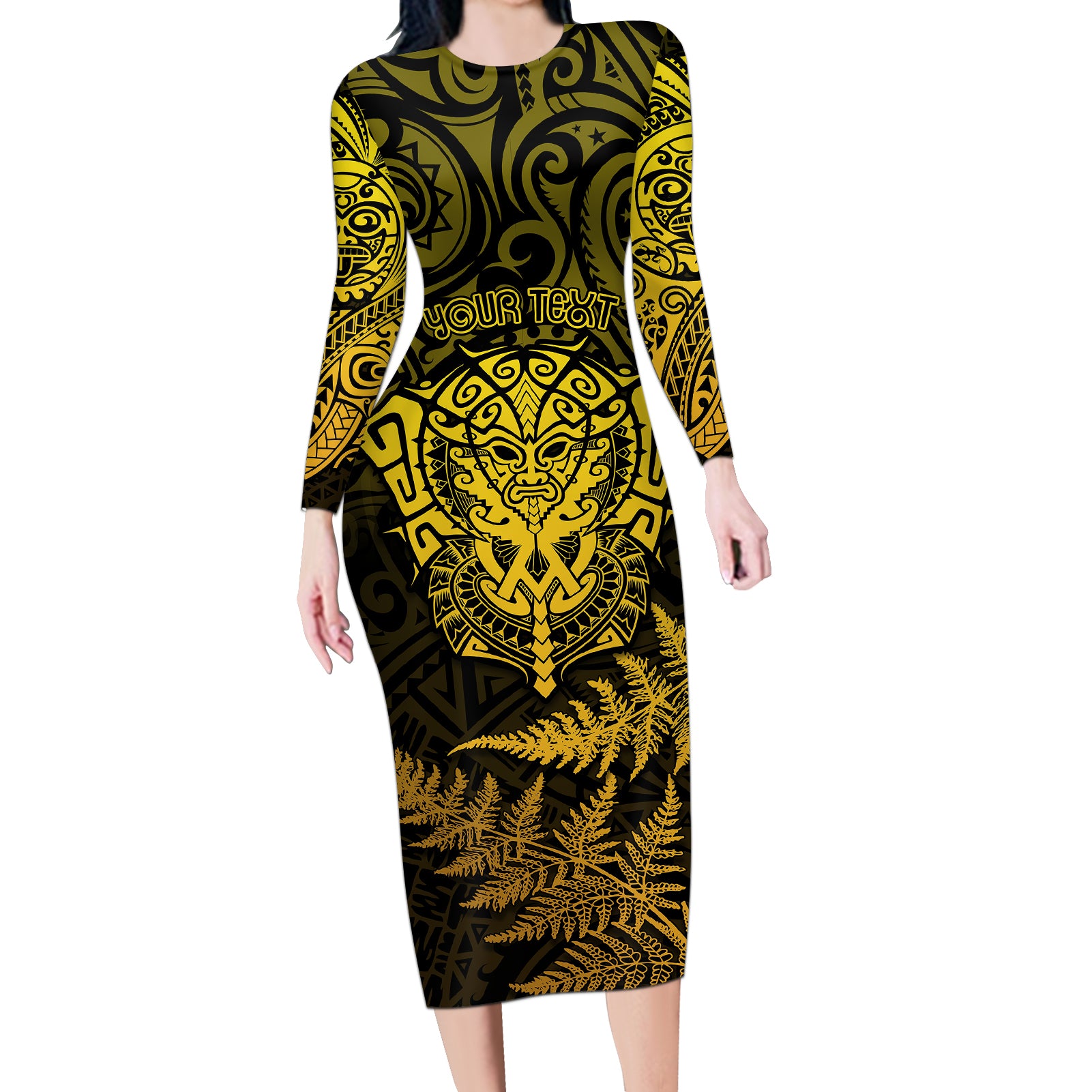 new-zealand-rugby-long-sleeve-bodycon-dress-silver-fern-all-black-mix-ta-moko-gold-style