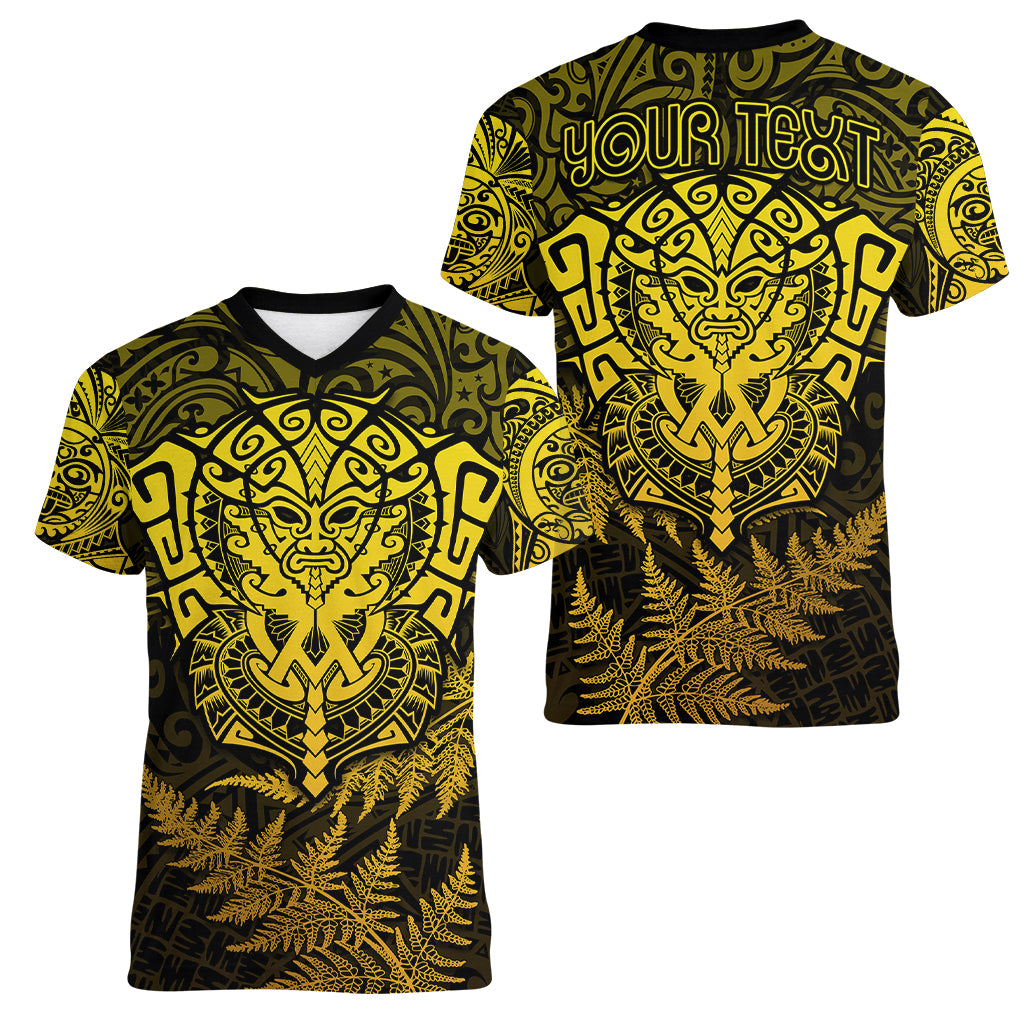 New Zealand Rugby Women V Neck T Shirt Silver Fern All Black Mix Ta Moko Gold Style - Vibe Hoodie Shop