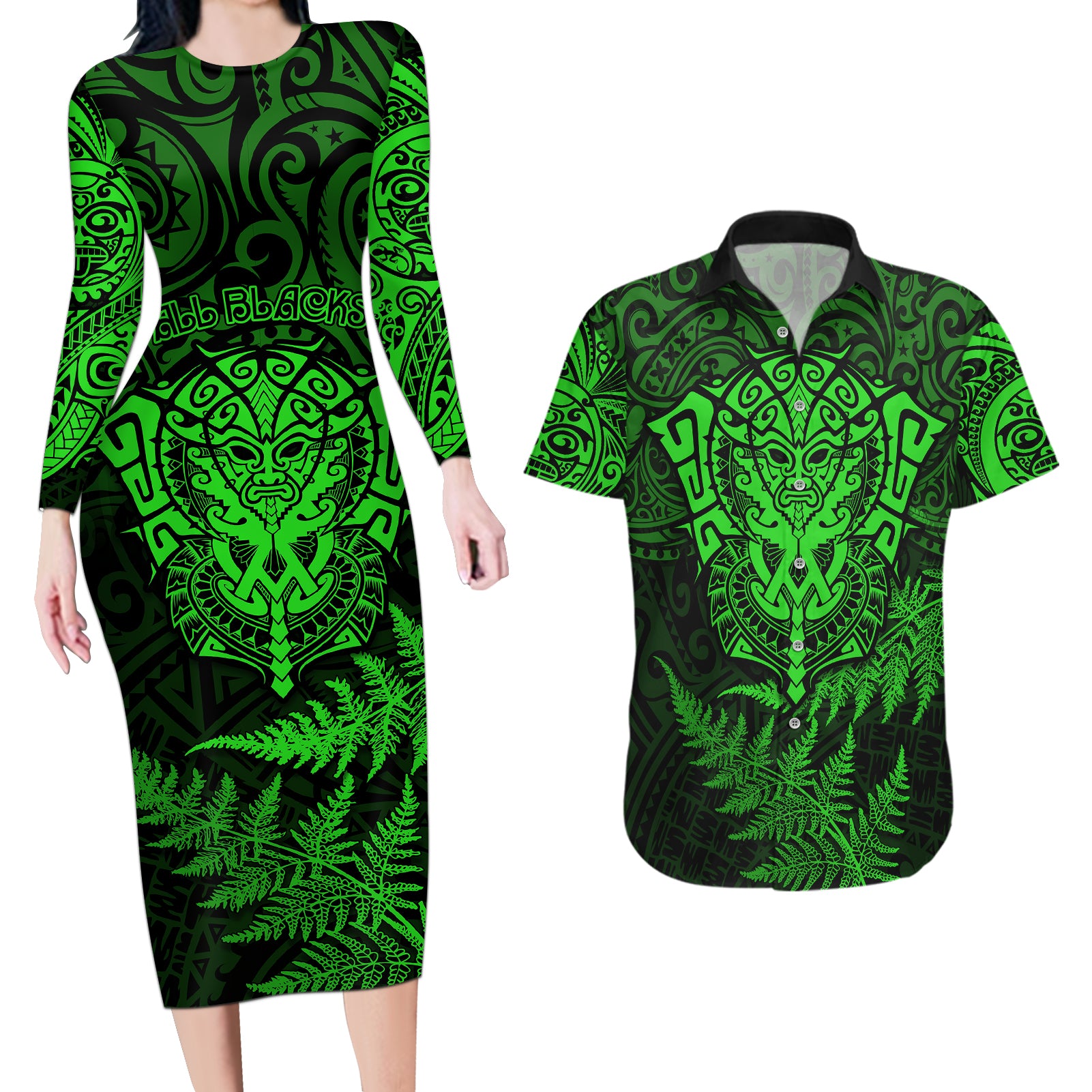 new-zealand-rugby-couples-matching-long-sleeve-bodycon-dress-and-hawaiian-shirt-silver-fern-all-black-mix-ta-moko-green-style