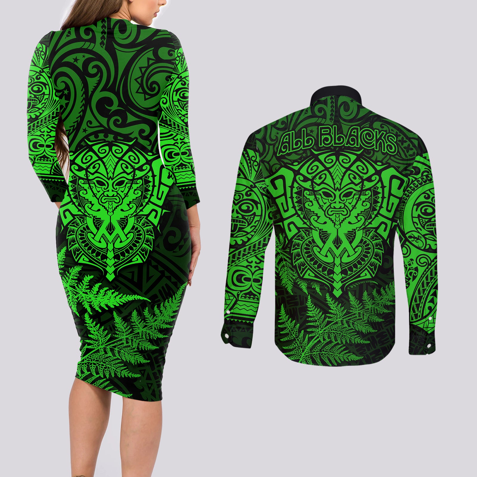 new-zealand-rugby-couples-matching-long-sleeve-bodycon-dress-and-long-sleeve-button-shirts-silver-fern-all-black-mix-ta-moko-green-style