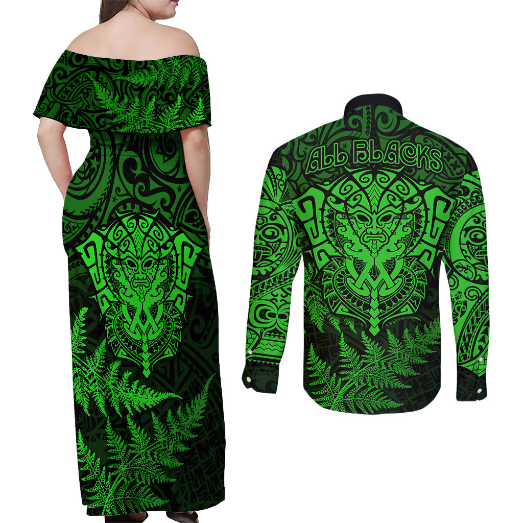 new-zealand-rugby-couples-matching-off-shoulder-maxi-dress-and-long-sleeve-button-shirts-silver-fern-all-black-mix-ta-moko-green-style
