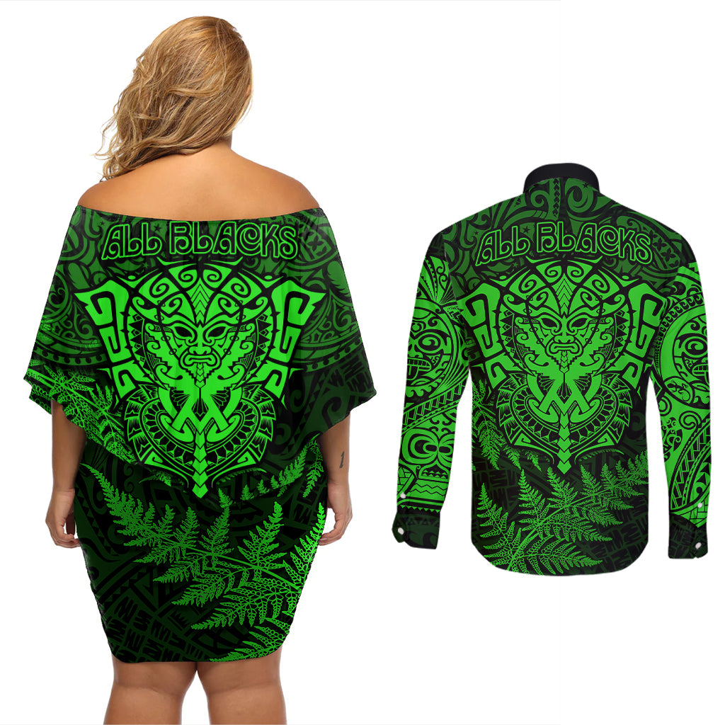 new-zealand-rugby-couples-matching-off-shoulder-short-dress-and-long-sleeve-button-shirts-silver-fern-all-black-mix-ta-moko-green-style