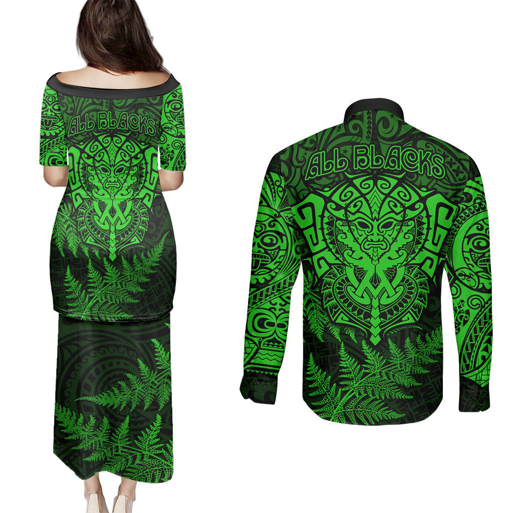 new-zealand-rugby-couples-matching-puletasi-dress-and-long-sleeve-button-shirts-silver-fern-all-black-mix-ta-moko-green-style