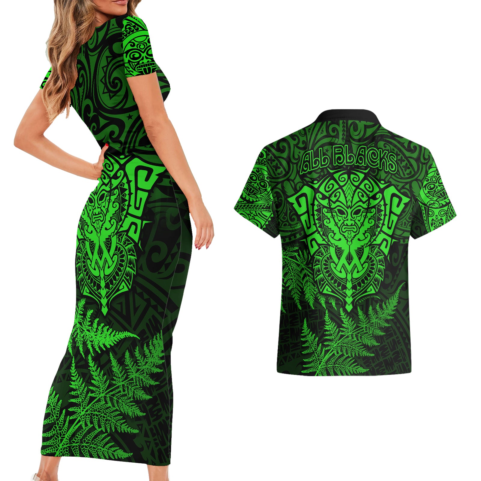 new-zealand-rugby-couples-matching-short-sleeve-bodycon-dress-and-hawaiian-shirt-silver-fern-all-black-mix-ta-moko-green-style